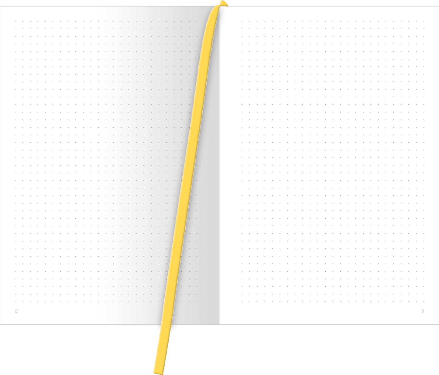 Gezeigt wird eine Innen- oder Zusatzansicht von „myNOTES Papeterie: Der Kleine Prinz Notizbuch A5“. Die Doppelseite zeigt helles, unlined Papier mit feinen, regelmäßig angeordneten Punkten, ideal zum Schreiben und Skizzieren. Ein auffälliges, gelbes Lesezeichen verleiht dem Notizbuch Farbe und Funktionalität. Die Seiten sind schlicht gehalten, um die Übersichtlichkeit und den kreativen Ausdruck zu fördern.