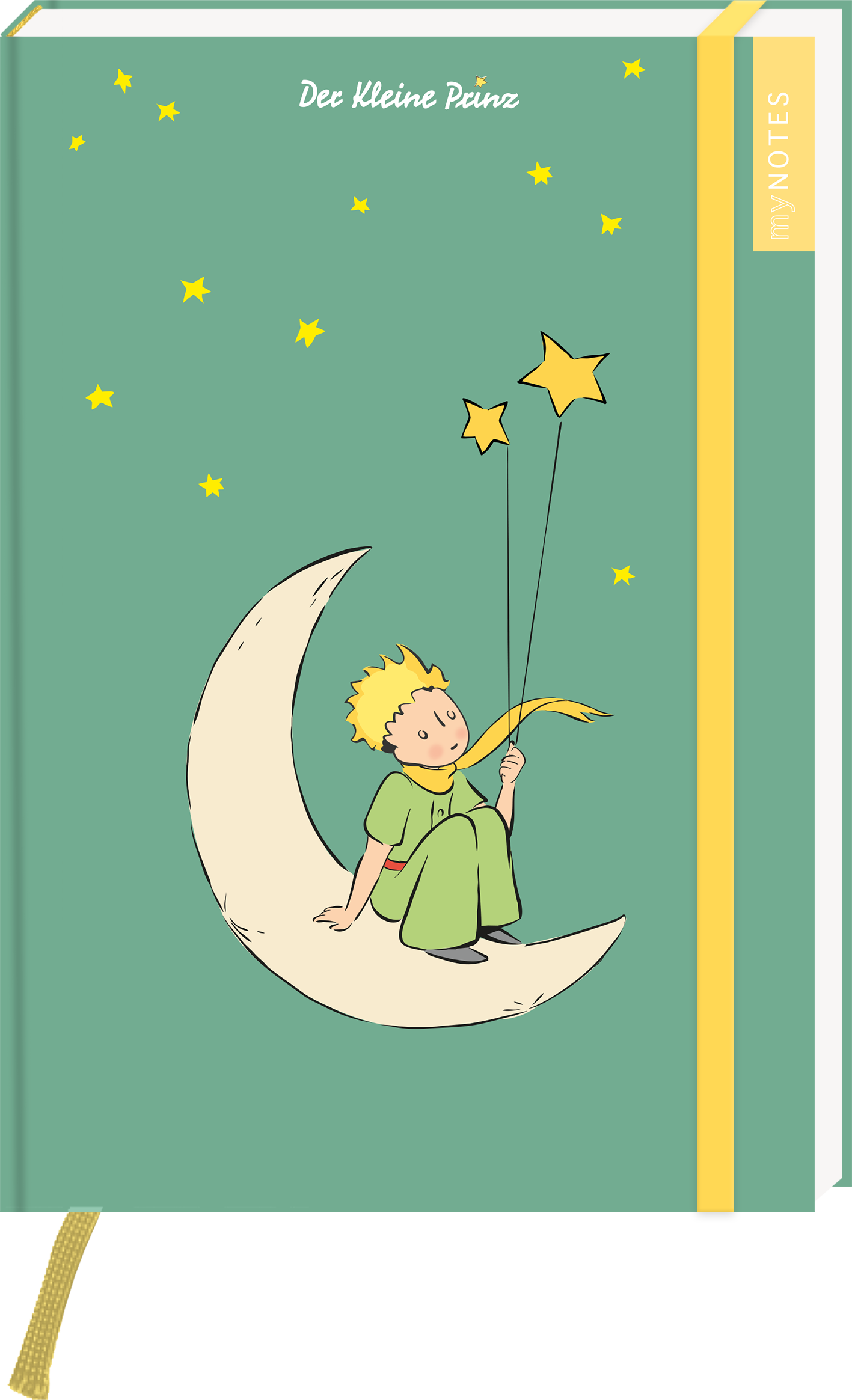 Auf dem Buchcover von „Der kleine Prinz“ ist ein junger, blondhaariger Junge in einem grünen Anzug zu sehen, der auf einer stilisierten, hellen Mondsichel sitzt. Mit einer Hand hält er zwei leuchtende Sterne, während kleine, gelbe Sterne um ihn herum schwirren. Der Hintergrund ist in einem sanften Grün gehalten. Oben steht der Titel „Der kleine Prinz“ in weißer Schrift. Das Cover hat einen gelben Seitenstreifen mit dem Schriftzug „my NOTES“. Ganz unten mittig steht der...