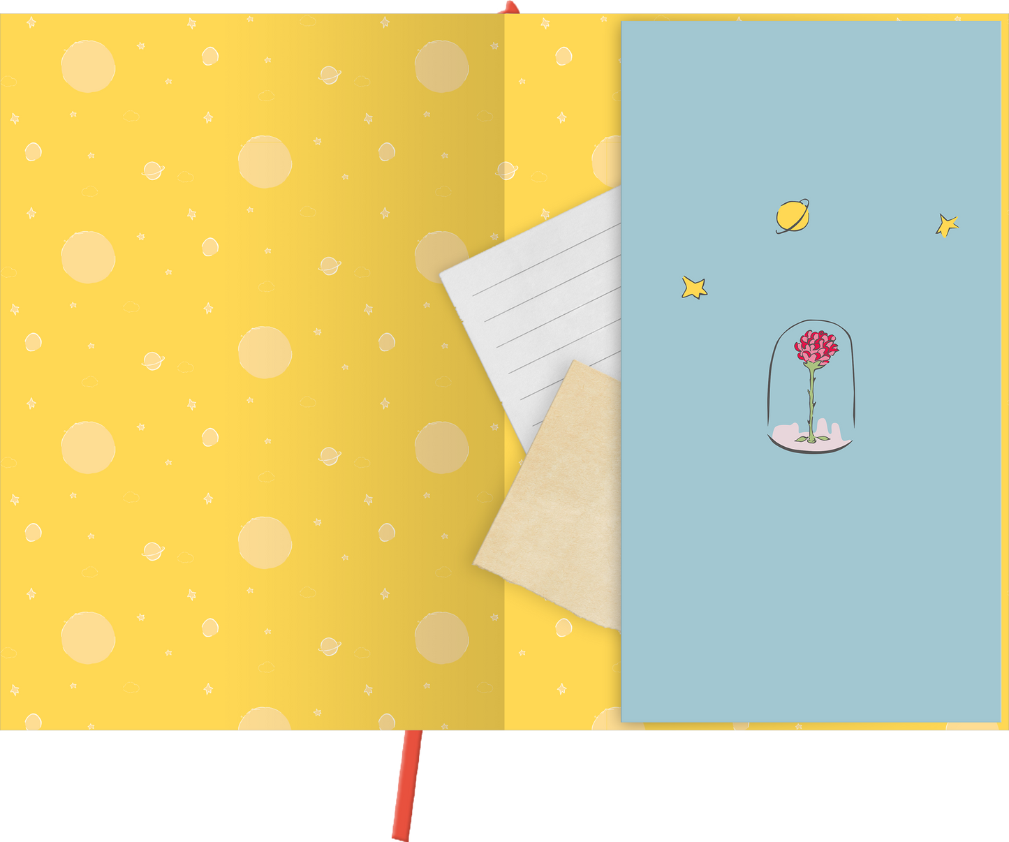 Gezeigt wird eine Innen- oder Zusatzansicht von „myNOTES Papeterie: Der Kleine Prinz Notizbuch A4“. Die Innenseite ist in einem fröhlichen Gelbton mit weißen Punkten gestaltet. Links befindet sich ein Bereich für Notizen mit feinen horizontalen Linien, während rechts ein sanfter, blauer Hintergrund eine stilisierte Blüte in einer Glaskuppel zeigt, umgeben von kleinen Sternen und einem Planeten. Ein rohes Lesezeichen in Rot ergänzt das Design.