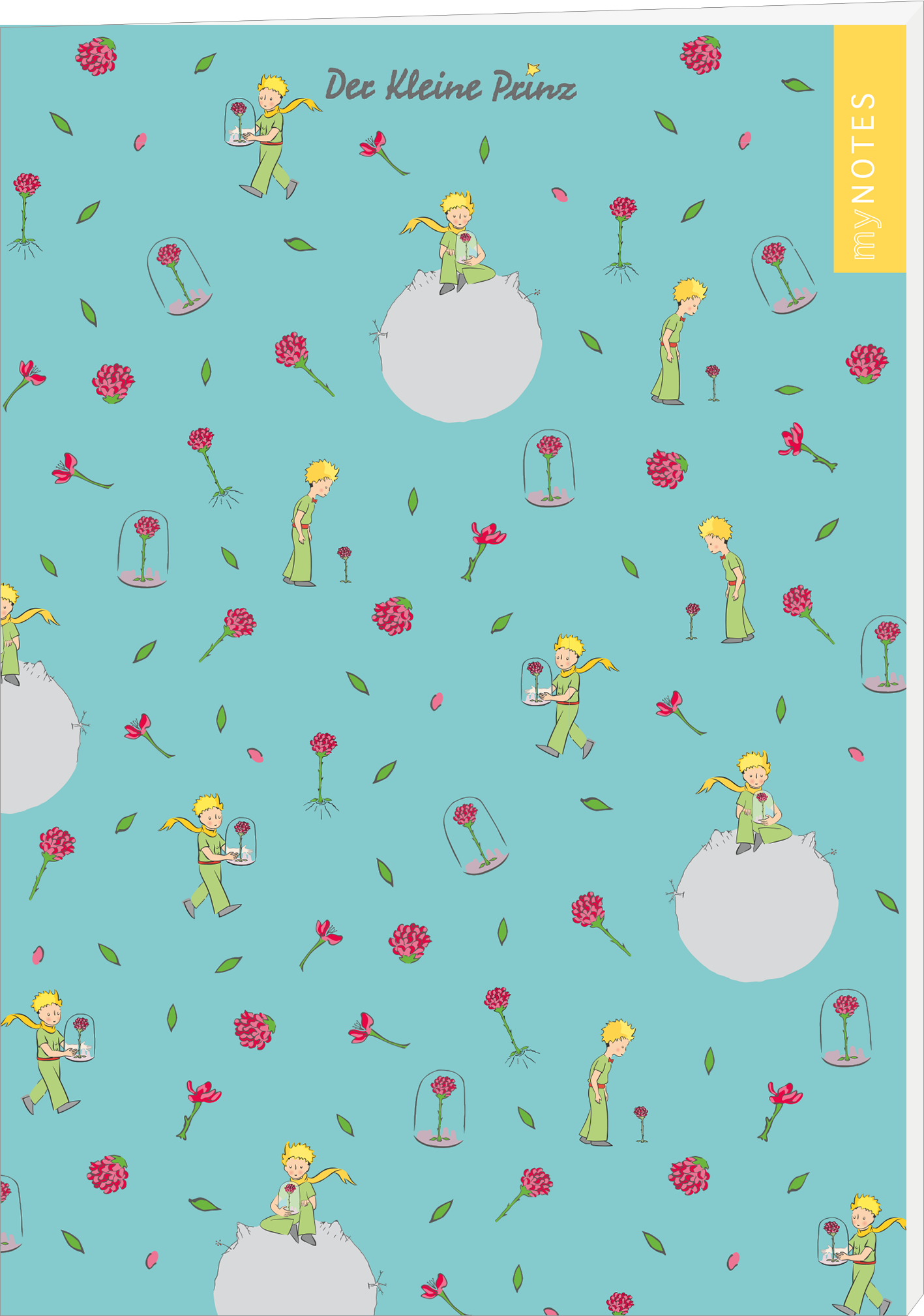 Das Buchcover zeigt einen hellblauen Hintergrund, auf dem kleine, verspielt angeordnete Illustrationen des kleinen Prinzen in verschiedenen Szenen zu sehen sind. Er trägt ein grünes Outfit und interagiert mit rosa Blumen und Felsformationen. Die fröhliche Atmosphäre wird durch die bunten Elemente und die kindliche Zeichnung unterstrichen. Oben steht in geschwungener Schrift „Der kleine Prinz“, neben dem ein gelber Bereich mit dem Text „my NOTES“ platziert ist. Ganz unten mittig...