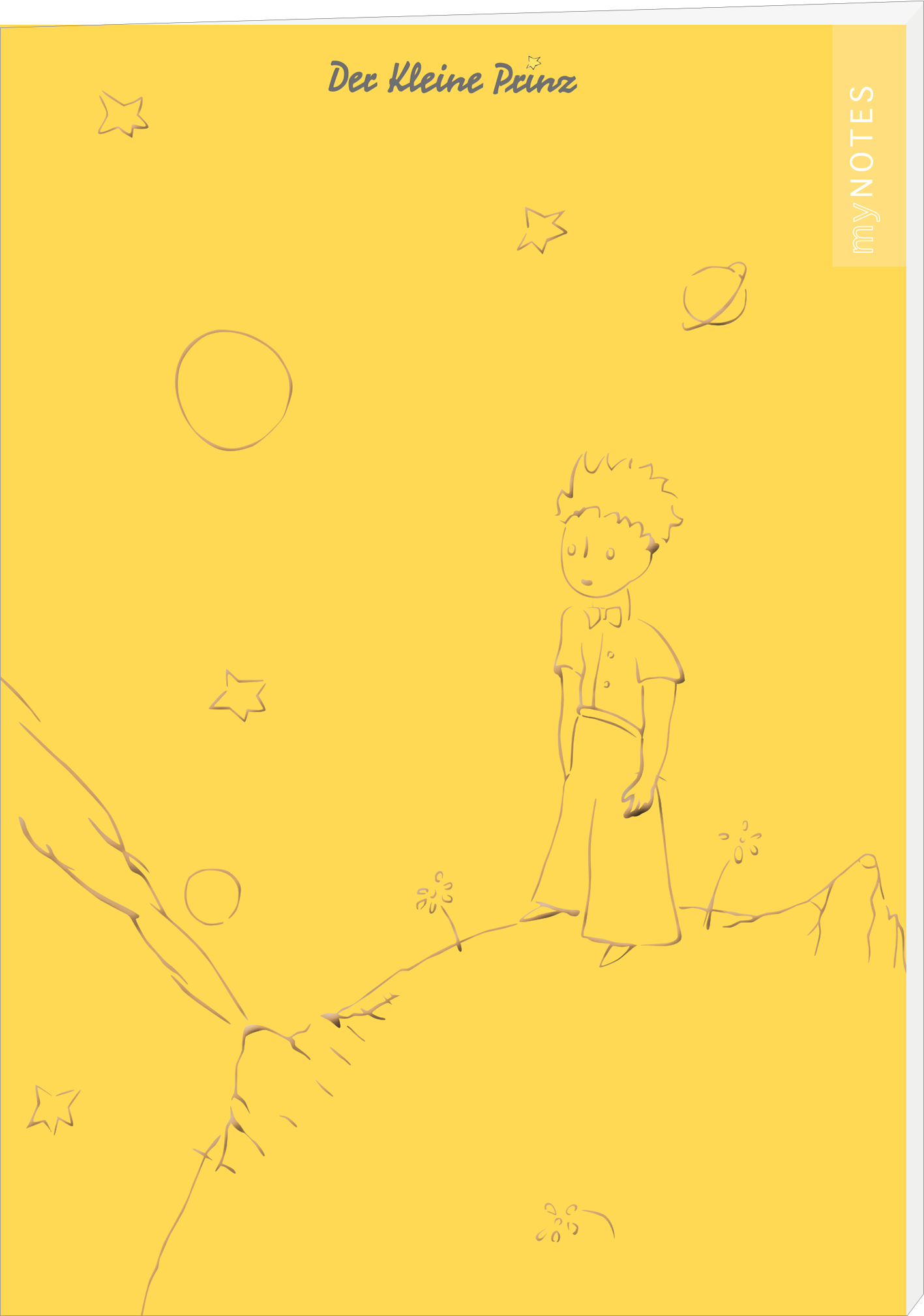 Das Buchcover zeigt eine minimalistische, skizzierte Darstellung des kleinen Prinzen auf einer gelben Hintergrundfarbe. Der kleine Prinz steht auf einem Berg, umgeben von stilisierten Sternen und Planeten, was eine träumerische Atmosphäre schafft. Der Titel „Der kleine Prinz“ ist in einer lockeren, blauen Schriftart oben platziert. Neben dem Titel ist ein Hinweis auf das Notizbuch-Format. Ganz unten mittig steht der Logoschriftzug von arsEdition.
