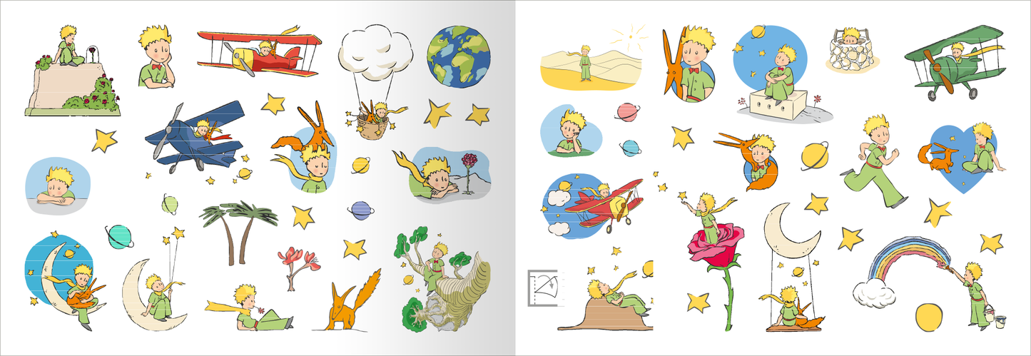 Gezeigt wird eine Innen- oder Zusatzansicht von „myNOTES Papeterie: Der Kleine Prinz Stickerheft“. Die Ansicht präsentiert eine Vielzahl bunter, illustrativer Sticker mit Motiven aus „Der Kleine Prinz“. Zentrale Farben sind lebhaftes Gelb, Blau und Grün. Die typografischen Elemente sind verspielt und harmonisch, unterstützen die kindliche Ästhetik. Die Sticker zeigen verschiedene Charaktere und Szenen, kombiniert mit Sternen und weiteren dekorativen Elementen, die die Fantasie...