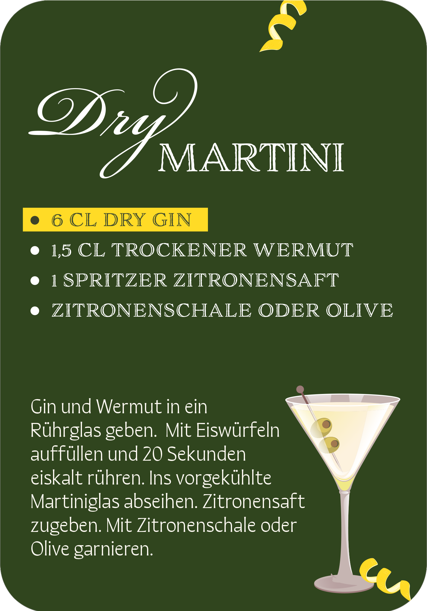 Gezeigt wird eine Innen- oder Zusatzansicht von „Das Cocktail-Quartett“. Die Darstellung präsentiert ein elegantes Rezept für einen Dry Martini. Der Hintergrund ist in einem satten Grünton gehalten, während der Titel „Dry Martini“ in geschwungener, weißer Schrift hervorsticht. Ein stilvolles Martini-Glas rundet das Design ab. Die Typografie ist klar und gut lesbar, was die Übersichtlichkeit unterstützt.