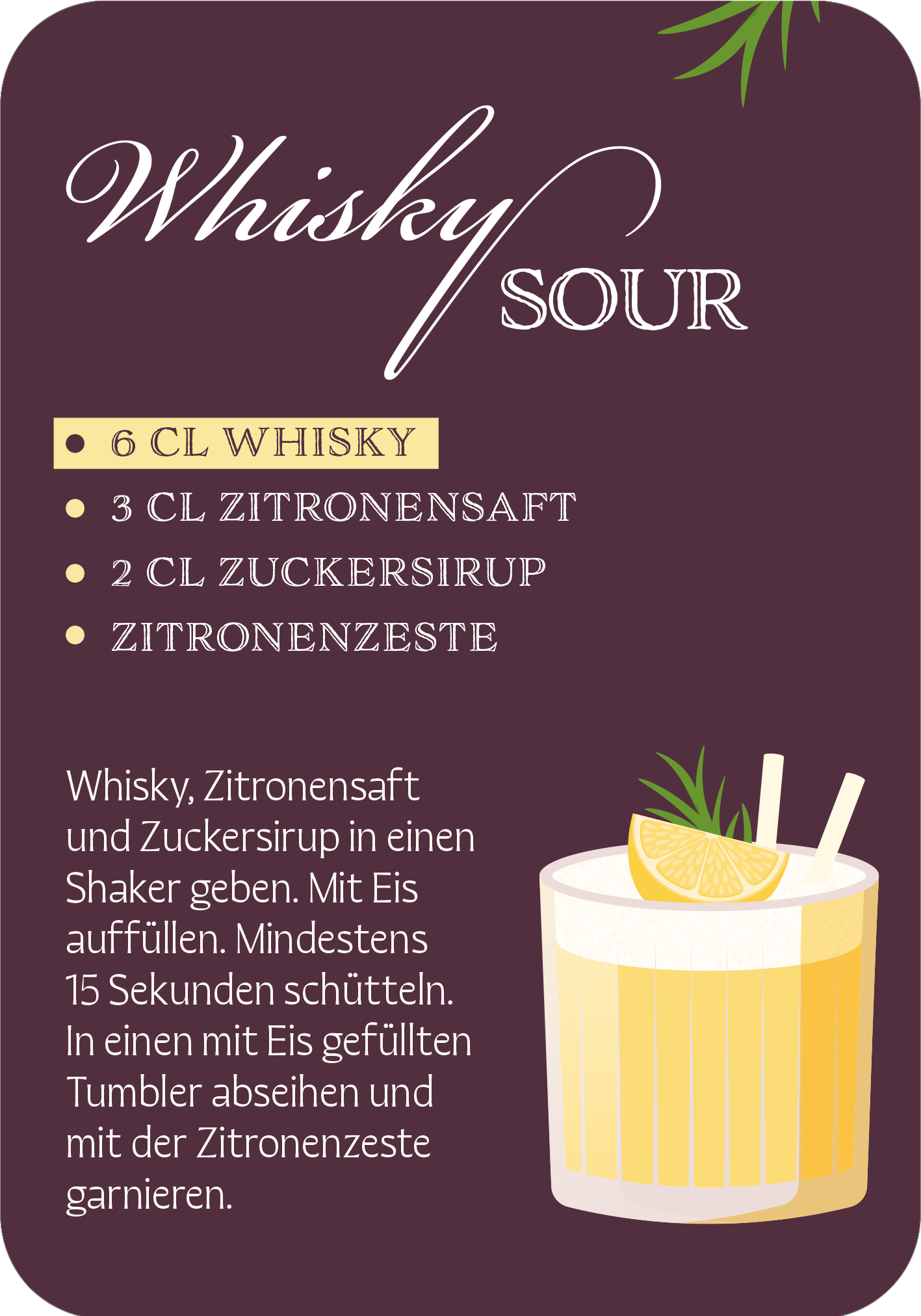 Gezeigt wird eine Innen- oder Zusatzansicht von „Das Cocktail-Quartett“. Die Ansicht zeigt ein lila Hintergrunddesign mit einer stilvollen Darstellung des Cocktails „Whisky Sour“. Die Zutaten sind in gelber Schrift hervorgehoben. Der Text ist gut lesbar und präsentiert die Rezeptur ansprechend. Zudem sind grafische Elemente wie eine Zitronenscheibe und frische Kräuter zu sehen, die das Thema des Cocktails unterstreichen. Die Kombination aus unterschiedlichen Schriftarten sorgt für...