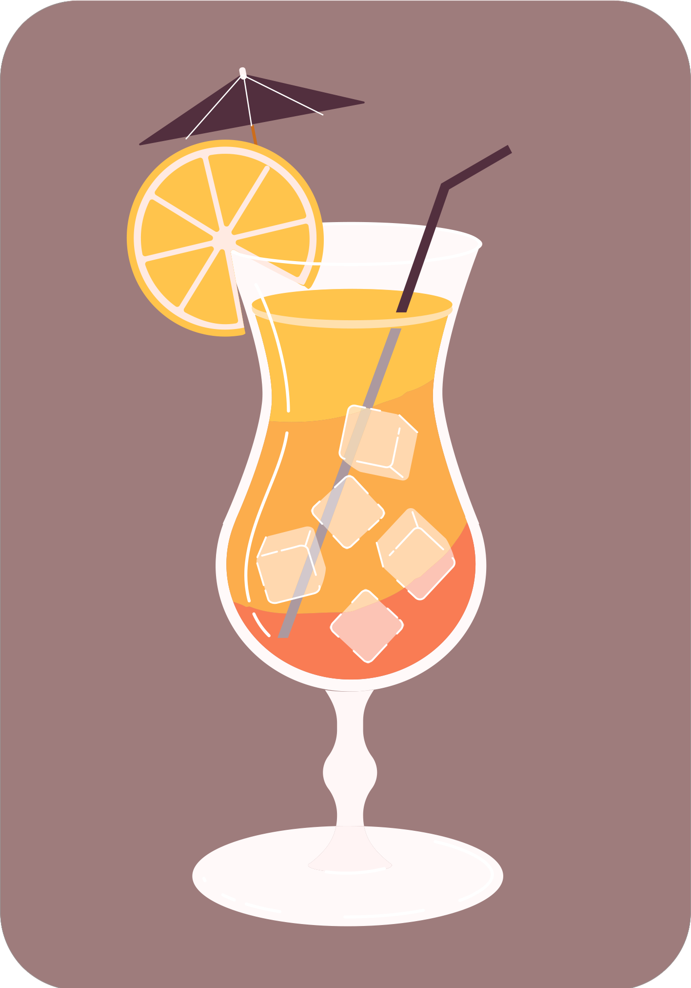 Gezeigt wird eine Innenansicht von „Das Cocktail-Quartett“. Die Darstellung zeigt ein stilisiertes Cocktailglas mit gelbem Getränk und Eiswürfeln. Eine Limettenscheibe und ein kleines Schirmchen dekorieren das Glas. Der Hintergrund ist in einem sanften Braunton gehalten, während das Glas in Weiß und Orange gestaltet ist. Die moderne, klare Typografie hebt den Namen des Spiels hervor und ergänzt die fröhliche, einladende Atmosphäre des Designs.