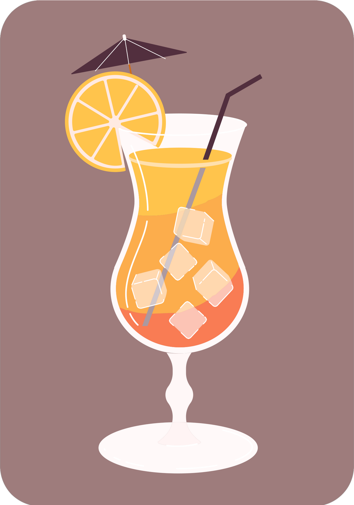 Gezeigt wird eine Innenansicht von „Das Cocktail-Quartett“. Die Darstellung zeigt ein stilisiertes Cocktailglas mit gelbem Getränk und Eiswürfeln. Eine Limettenscheibe und ein kleines Schirmchen dekorieren das Glas. Der Hintergrund ist in einem sanften Braunton gehalten, während das Glas in Weiß und Orange gestaltet ist. Die moderne, klare Typografie hebt den Namen des Spiels hervor und ergänzt die fröhliche, einladende Atmosphäre des Designs.