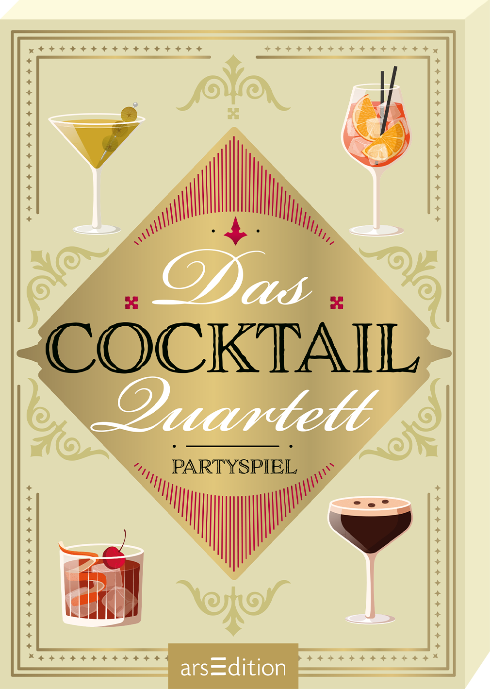 Das Cover zeigt eine stilisierte Anordnung von vier Cocktails in unterschiedlichen Gläsern, umgeben von einem cremefarbenen Hintergrund. Im Mittelpunkt steht in eleganter, geschwungener Schrift der Titel „Das COCKTAIL Quartett“ in schwarzer Typografie, ergänzt durch den Untertitel „PARTYSPIEL“. Rote und goldene Dekorelemente verleihen dem Cover eine festliche Note. Ganz unten mittig steht der Logoschriftzug von arsEdition.