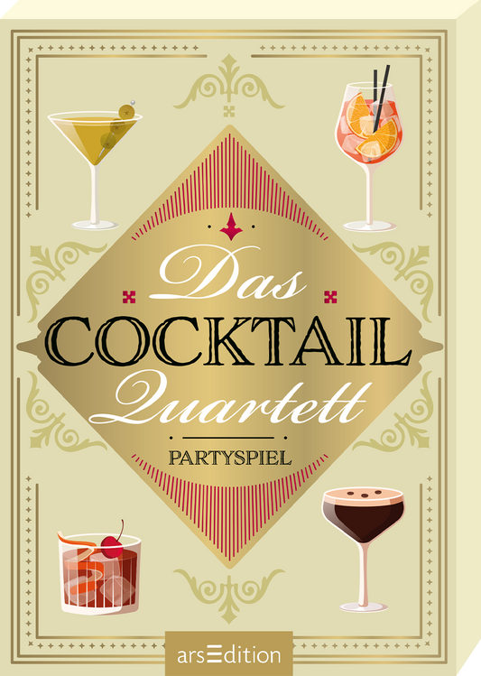 Das Cover zeigt eine stilisierte Anordnung von vier Cocktails in unterschiedlichen Gläsern, umgeben von einem cremefarbenen Hintergrund. Im Mittelpunkt steht in eleganter, geschwungener Schrift der Titel „Das COCKTAIL Quartett“ in schwarzer Typografie, ergänzt durch den Untertitel „PARTYSPIEL“. Rote und goldene Dekorelemente verleihen dem Cover eine festliche Note. Ganz unten mittig steht der Logoschriftzug von arsEdition.