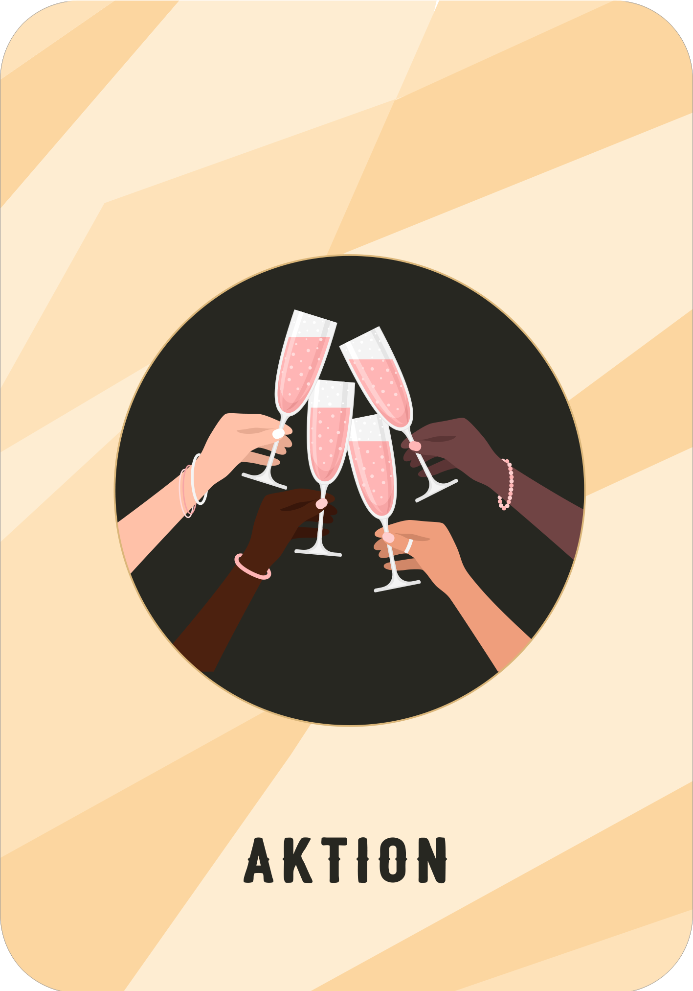 Gezeigt wird eine Innen- oder Zusatzansicht von „Prosecco-Pilates“. Im Mittelpunkt sind mehrere Hände zu sehen, die Sektgläser mit rosafarbener Flüssigkeit heben. Der Hintergrund ist schwarz, während die Gläser und Hände in verschiedenen Hauttönen dargestellt sind. Darüber hinaus sind die Farben in sanften, warmen Tönen gehalten, die an einen festlichen Anlass erinnern. Die Schriftart des Wortes „AKTION“ ist klar und modern, in schwarzer Farbe, was einen starken Kontrast zum...