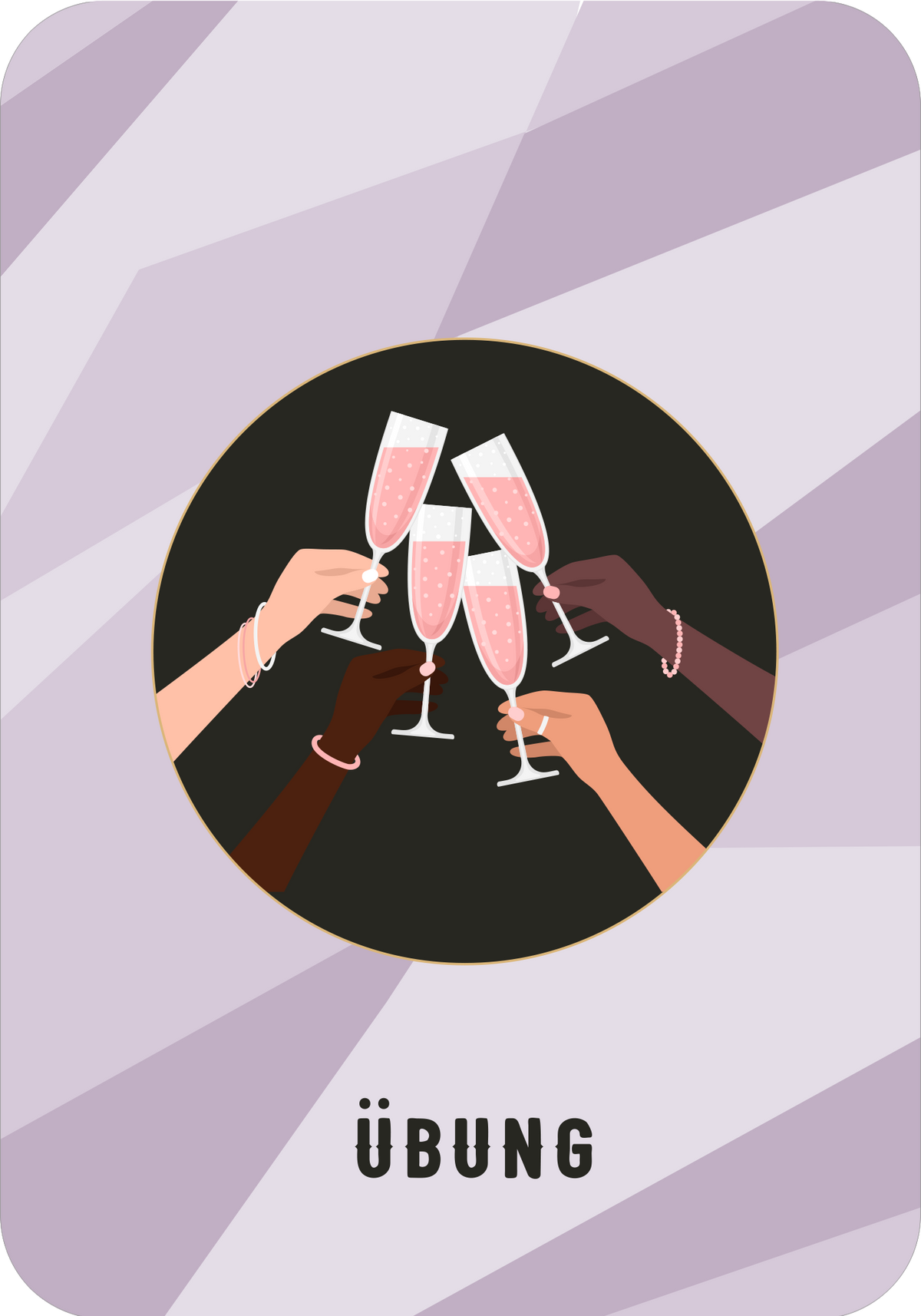 Gezeigt wird eine Innen- oder Zusatzansicht von „Prosecco-Pilates“. Die Illustration zeigt mehrere Hände in unterschiedlichen Hauttönen, die Gläser mit roséfarbenem Getränk anstoßen. Der Hintergrund ist dunkel und rund, während die Hände mit zarten Armbändern verziert sind. Am unteren Rand steht in klarer, fetter schwarzer Typografie das Wort „Übung“. Das Gesamtbild strahlt Freude und Gemeinschaft aus, geprägt von einem modernen, minimalistischen Design in sanften Farbnuancen.