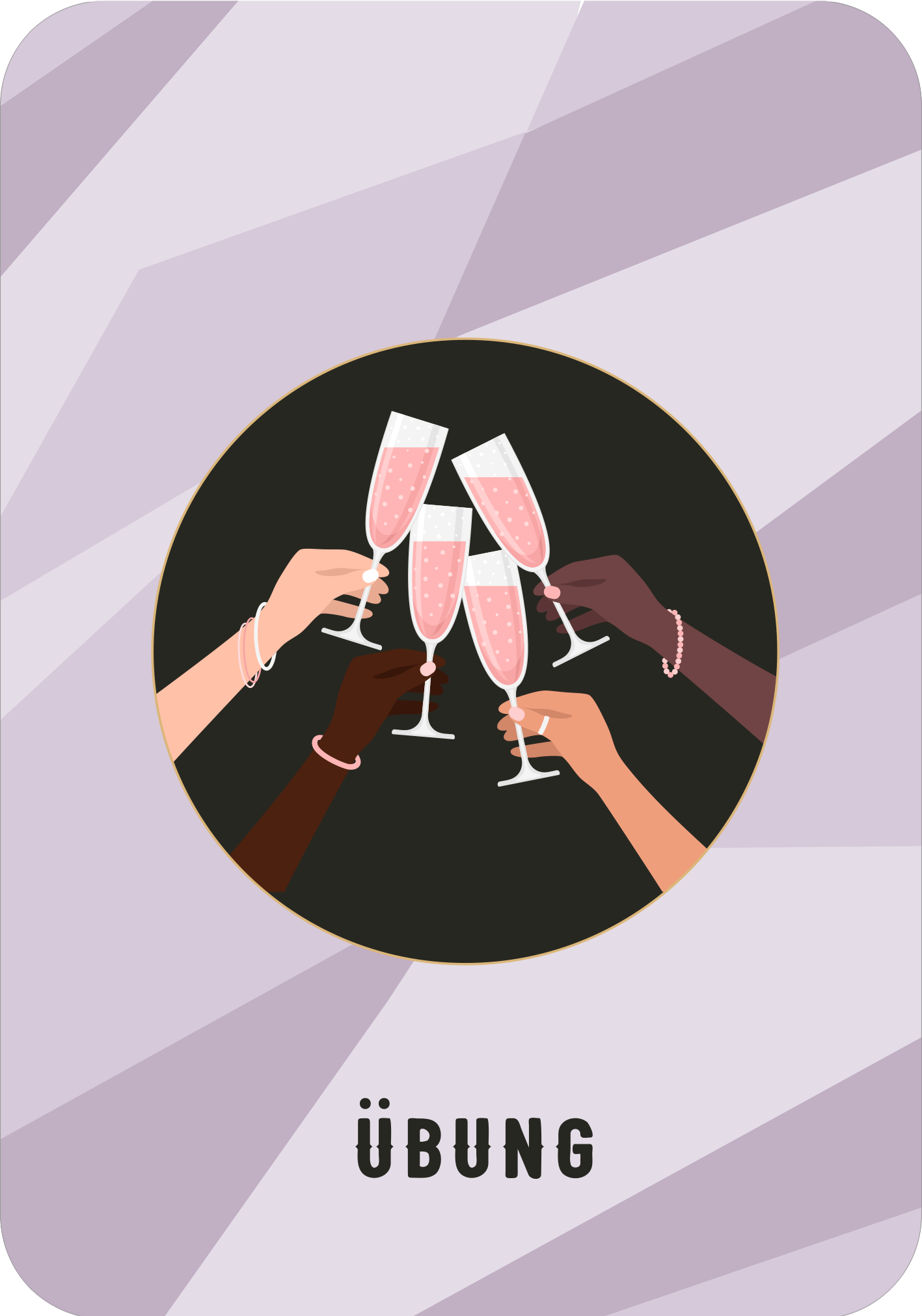 Gezeigt wird eine Innen- oder Zusatzansicht von „Prosecco-Pilates“. Die Illustration zeigt mehrere Hände in unterschiedlichen Hauttönen, die Gläser mit roséfarbenem Getränk anstoßen. Der Hintergrund ist dunkel und rund, während die Hände mit zarten Armbändern verziert sind. Am unteren Rand steht in klarer, fetter schwarzer Typografie das Wort „Übung“. Das Gesamtbild strahlt Freude und Gemeinschaft aus, geprägt von einem modernen, minimalistischen Design in sanften Farbnuancen.