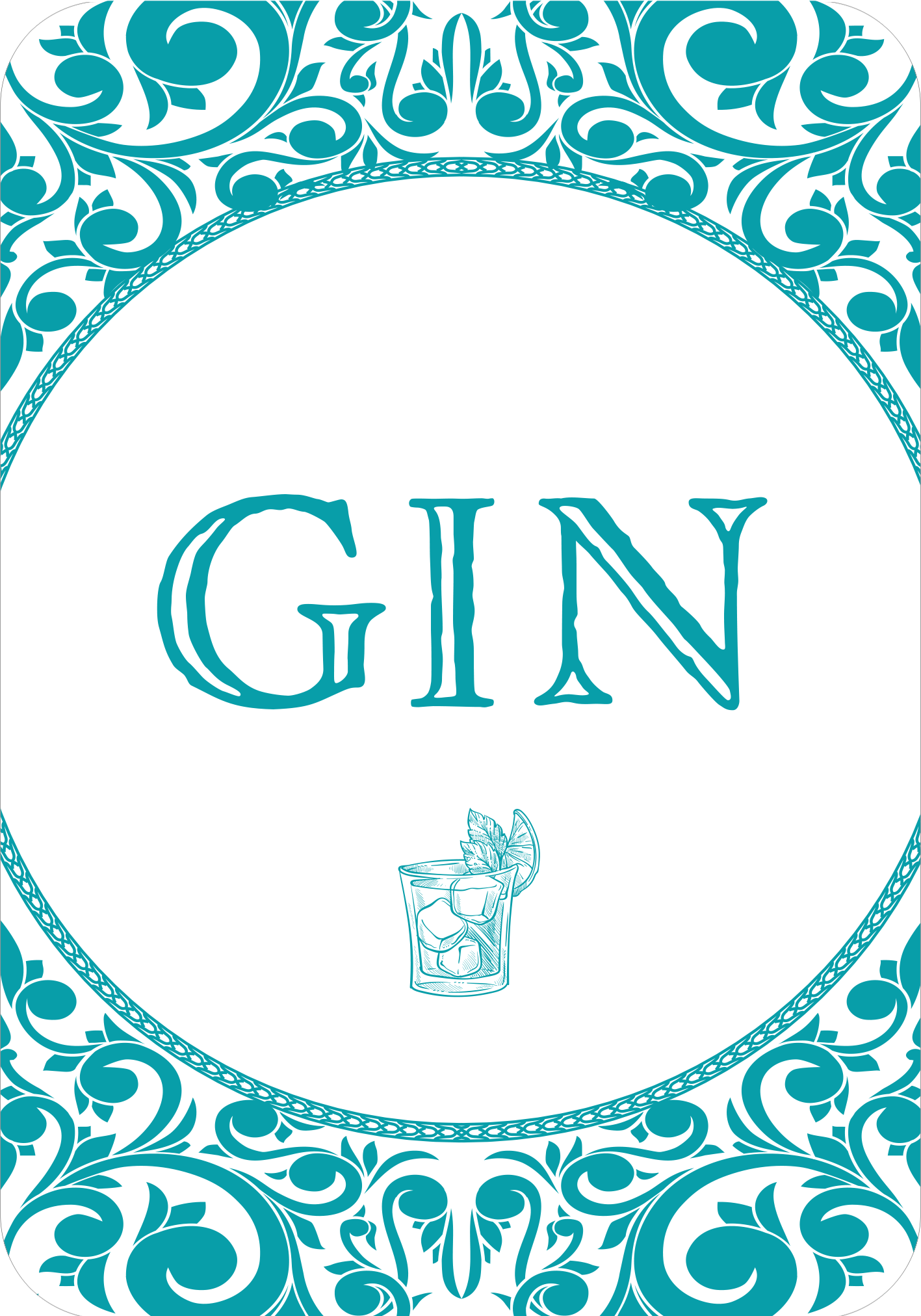 Gezeigt wird eine Innen- oder Zusatzansicht von „Gin-Yoga“. Der Hintergrund ist in einem schlichten Weiß gehalten, während die große Schrift in einem lebhaften Türkis die zentrale Botschaft „GIN“ transportiert. Umgeben wird der Schriftzug von einem eleganten, geschwungenen Rahmen in ähnlichen Türkistönen, der florale Muster aufweist. Darunter ist eine stilisierte Darstellung eines Cocktails mit Eis und einem Kräuterzweig. Die Typografie ist verschnörkelt und betont die kreative...