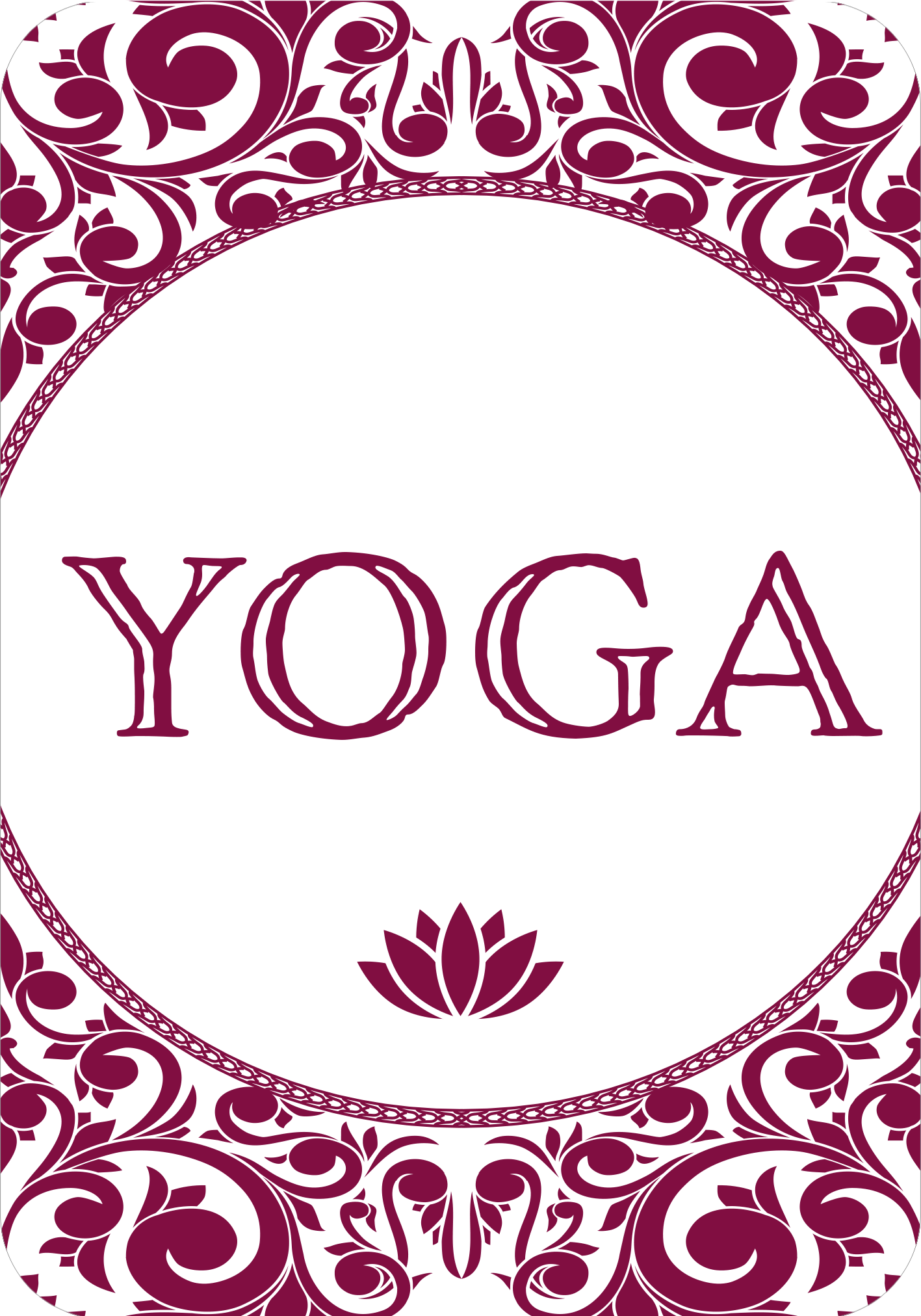 Gezeigt wird eine Innenansicht von „Gin-Yoga“. Der Hintergrund ist reinweiß und wird von einem eleganten, burgunderroten, geschwungenen Muster umrahmt. Im Fokus steht das auffällige Wort „YOGA“, das in einer stilvollen, großen Schriftart in burgunderrot geschrieben ist. Unterhalb des Textes befindet sich ein zartes, grafisches Element in Form einer Lotusblüte, das das harmonische Design ergänzt.