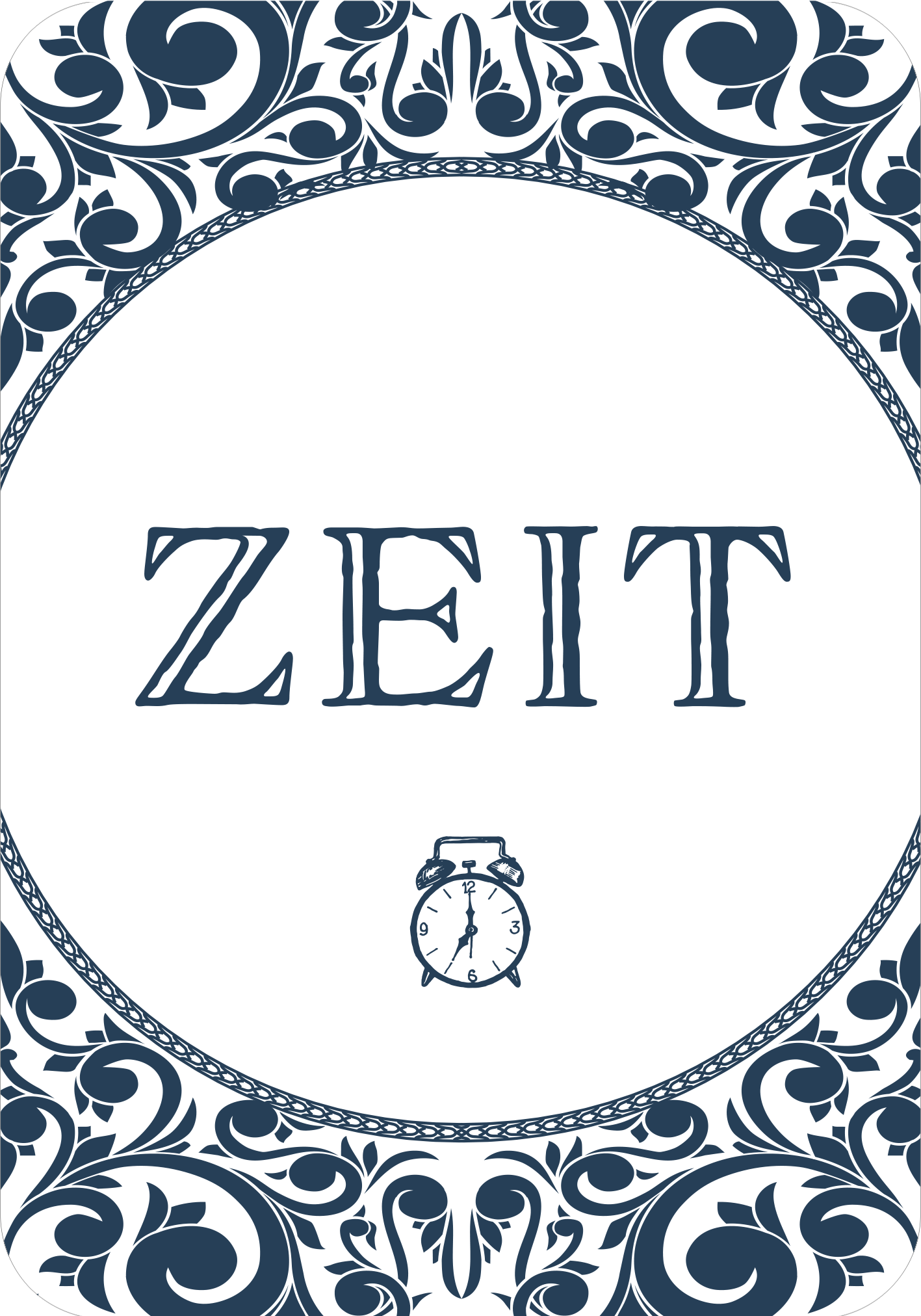 Gezeigt wird eine Innen- oder Zusatzansicht von „Gin-Yoga“. Im Zentrum der Gestaltung steht der Schriftzug „ZEIT“ in großer, eleganter Typografie. Die Buchstaben sind in einem tiefen Blau gehalten. Umrahmt wird der Schriftzug von filigranen, ornamentalen Mustern, die ebenfalls in Blau und Weiß gestaltet sind. Der untere Bereich zeigt eine einfache, stilisierte Uhr, die zusätzlich zum Thema Zeit Bezug nimmt. Der Hintergrund ist klar und hell, was die Schrift und die Ornamente gut zur...