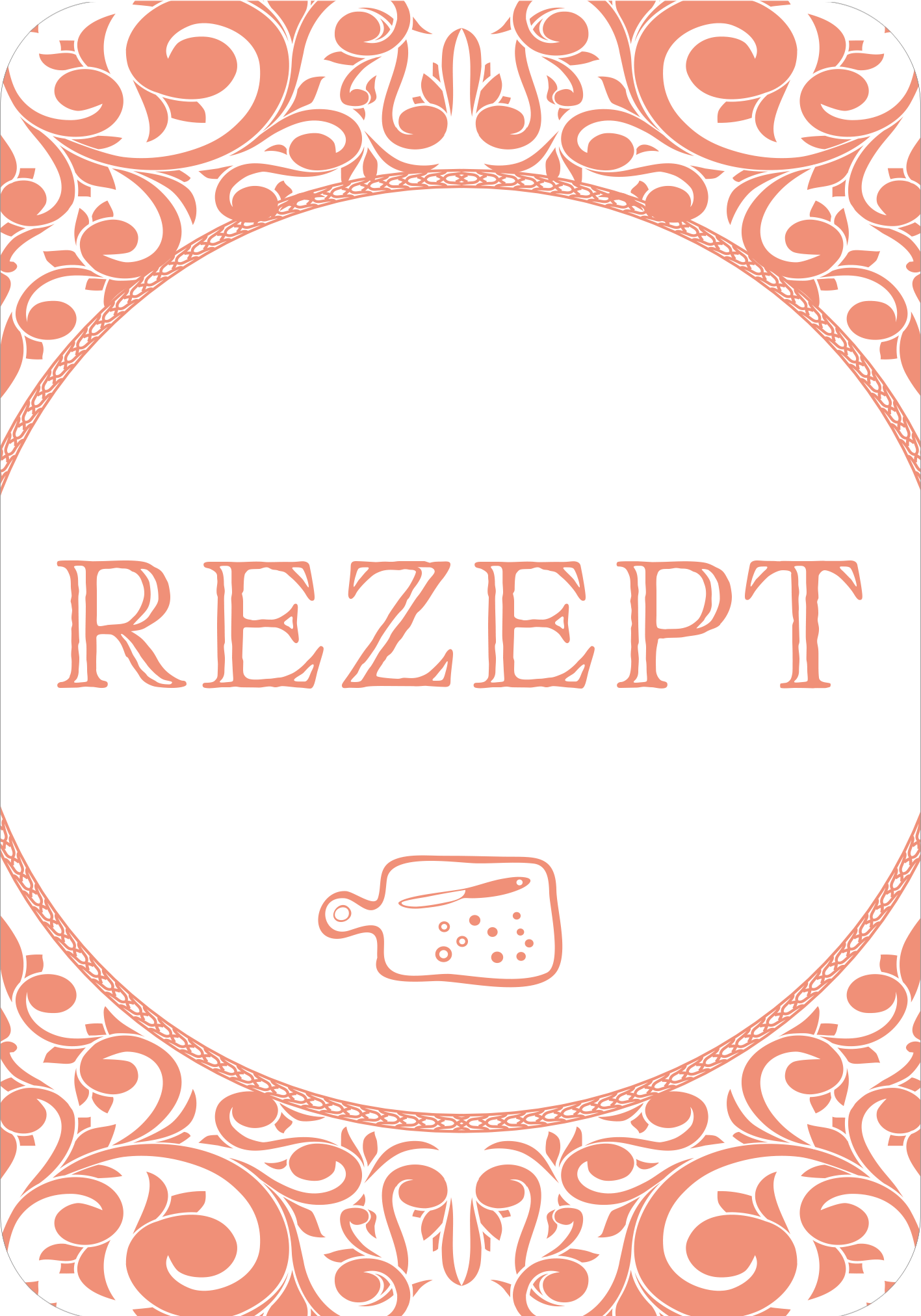 Gezeigt wird eine Innen- oder Zusatzansicht von „Gin-Yoga“. Auf einem weißen Hintergrund befindet sich ein dekorativer, rosafarbener Rahmen mit verspielten floralen Mustern. In der Mitte steht das Wort „REZEPT“ in großer, eleganter Schriftart. Darunter ist eine kleine Abbildung eines Messlöffels, die das Thema kochen und mixen unterstreicht. Die Gestaltung vermittelt eine freundliche und ansprechende Atmosphäre, die zum Ausprobieren anregt.