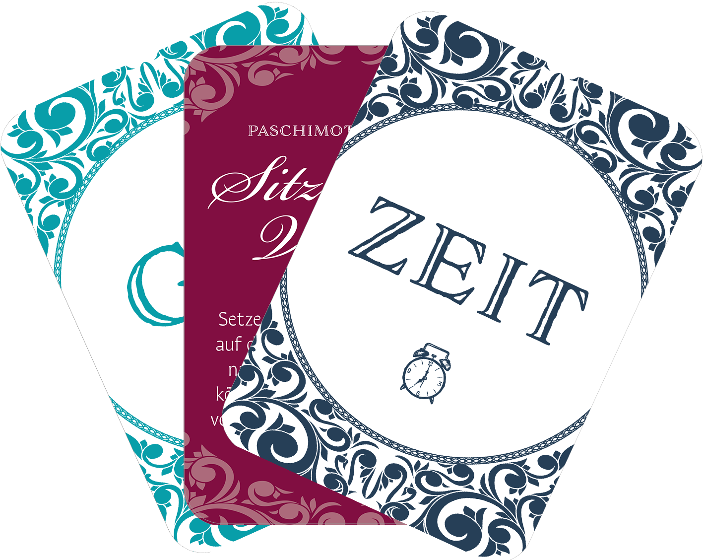 Gezeigt wird eine Innen- oder Zusatzansicht von „Gin-Yoga“. Die Abbildung zeigt drei Karten mit unterschiedlichen Farben und Designs. Die linke Karte ist türkis und enthält geschwungene ornamente, die mittlere Karte ist weinrot. Die rechte Karte ist dunkelblau und zeigt das Wort „ZEIT“ in großer, klassischer Schrift, umgeben von einem stilisierten Rand und einer Uhr-Illustration.