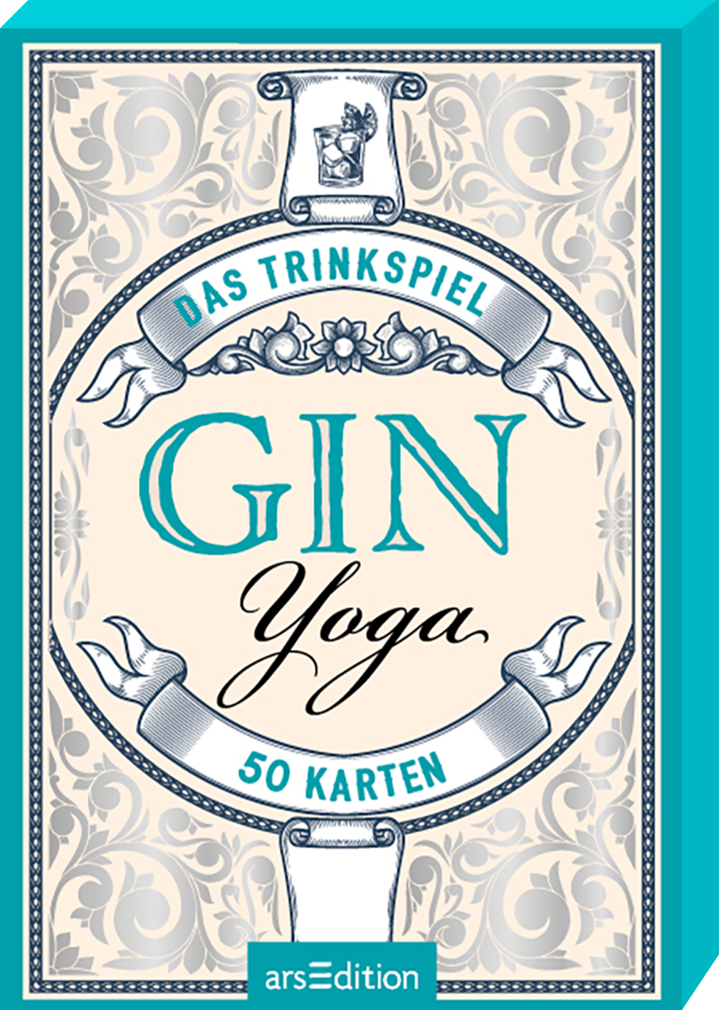 Das Buchcover zeigt einen eleganten, hellen Hintergrund mit floralen Mustern. In der Mitte steht in großen, blau eingefärbten Buchstaben „GIN“, darunter folgt in geschwungener, schwarzer Schrift „Yoga“. Oben befindet sich der Titel „DAS TRINKSPIEL“ in einer klaren, leicht verspielten Schrift. Unten mittig ist der Text „50 KARTEN“ zu sehen. Ganz oben über dem Titel ist eine dekorative Illustration. Ganz unten mittig steht der Logoschriftzug von arsEdition.