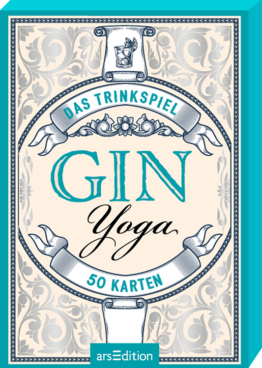 Das Buchcover zeigt einen eleganten, hellen Hintergrund mit floralen Mustern. In der Mitte steht in großen, blau eingefärbten Buchstaben „GIN“, darunter folgt in geschwungener, schwarzer Schrift „Yoga“. Oben befindet sich der Titel „DAS TRINKSPIEL“ in einer klaren, leicht verspielten Schrift. Unten mittig ist der Text „50 KARTEN“ zu sehen. Ganz oben über dem Titel ist eine dekorative Illustration. Ganz unten mittig steht der Logoschriftzug von arsEdition.