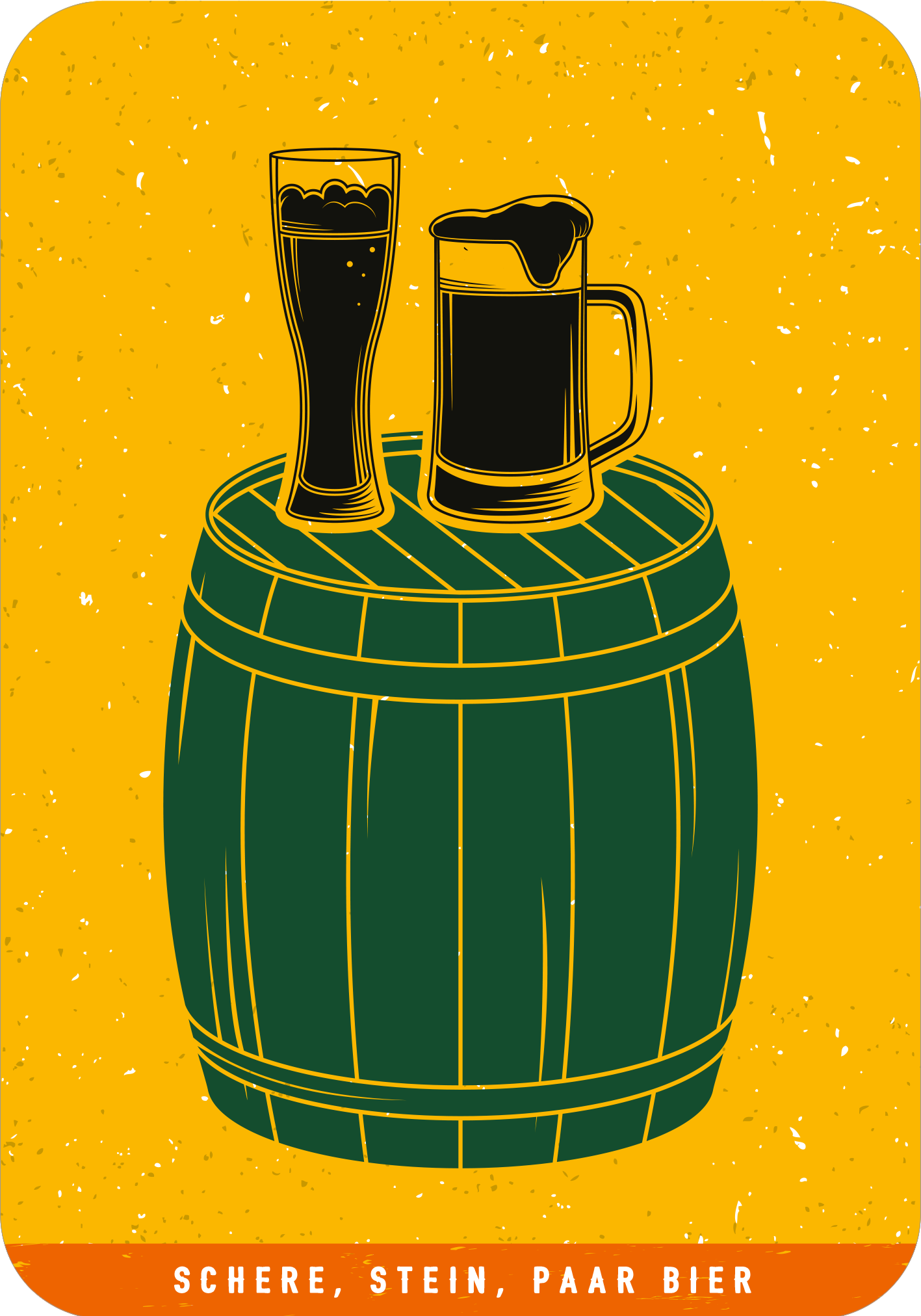 Gezeigt wird eine Innen- oder Zusatzansicht von „Schere, Stein, Paar Bier“. Die Illustration zeigt ein großes, hellbraunes Bierfass mit grünen Akzenten, auf dem zwei Biergläser stehen. Ein Glas ist schmal und hoch, das andere ist ein robustes Krugdesign. Der Hintergrund ist in einem warmen Gelbton gehalten, während der Titel unten in orangefarbener Schrift platziert ist. Die Typografie ist modern und klar lesbar.