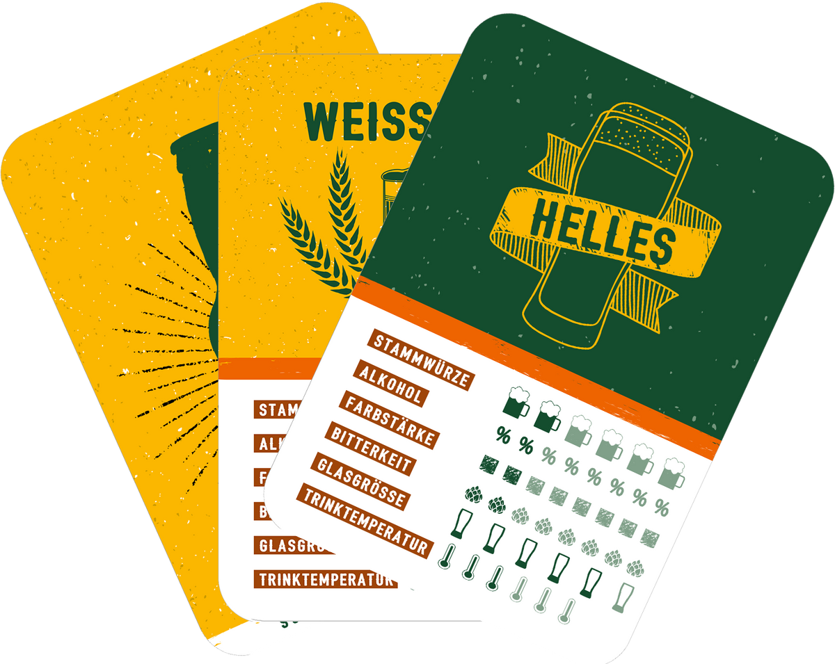 Gezeigt wird eine Innen- oder Zusatzansicht von „Schere, Stein, paar Bier“. Die Karten präsentieren eine lebendige Farbpalette mit dominierenden Gelb- und Grüntönen. Jede Karte ist mit großen, klaren Schriftzügen beschriftet, die die unterschiedlichen Bierarten samt wichtiger Informationen wie Stammwürze, Alkoholgehalt und Trinktemperatur darstellen. Grafische Elemente, einschließlich Hopfenzweigen und Biergläsern, fügen visuelle Akzente hinzu und unterstützen die thematische...