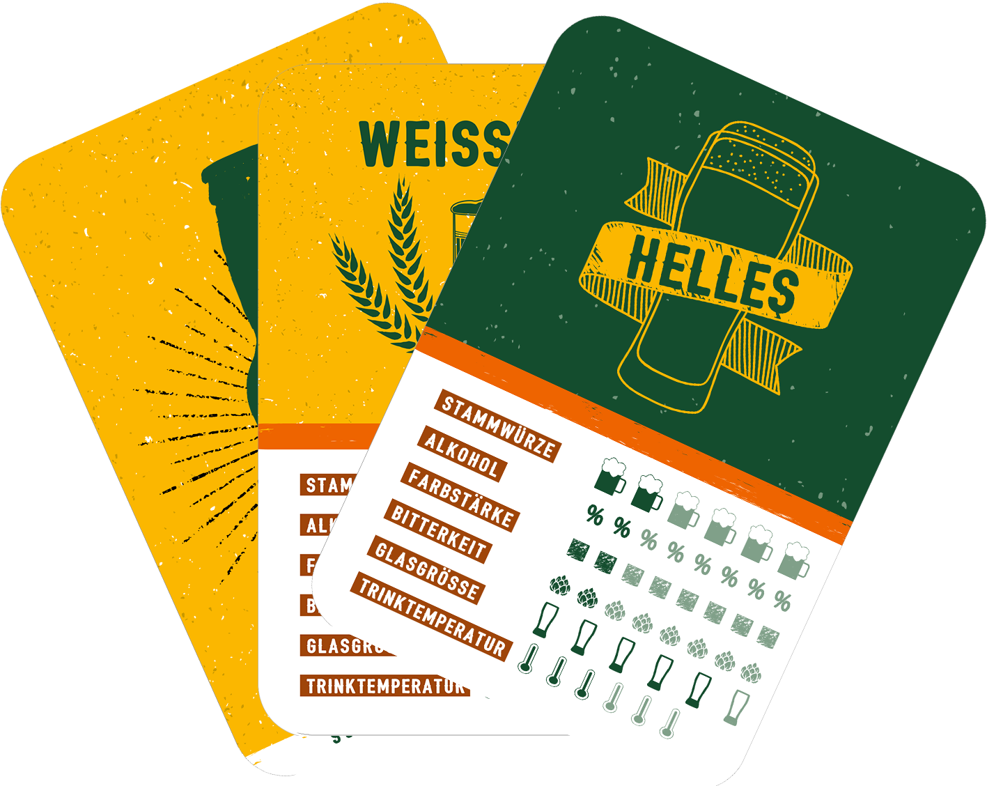 Gezeigt wird eine Innen- oder Zusatzansicht von „Schere, Stein, paar Bier“. Die Karten präsentieren eine lebendige Farbpalette mit dominierenden Gelb- und Grüntönen. Jede Karte ist mit großen, klaren Schriftzügen beschriftet, die die unterschiedlichen Bierarten samt wichtiger Informationen wie Stammwürze, Alkoholgehalt und Trinktemperatur darstellen. Grafische Elemente, einschließlich Hopfenzweigen und Biergläsern, fügen visuelle Akzente hinzu und unterstützen die thematische...