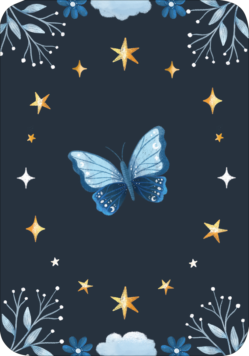 Gezeigt wird eine Innen- oder Zusatzansicht von „Mein kleines Bücherorakel“. Auf einem dunklen, tiefblauen Hintergrund entfaltet sich ein großes, zartes Schmetterlingsmotiv in verschiedenen Blautönen, umgeben von goldenen Sternen und weißen, filigranen Pflanzenmotiven. Die Komposition strahlt eine verträumte, mystische Atmosphäre aus. Die sorgfältig ausgewählten Farben und die harmonische Anordnung verleihen dem Bild eine ansprechende und beruhigende Wirkung.