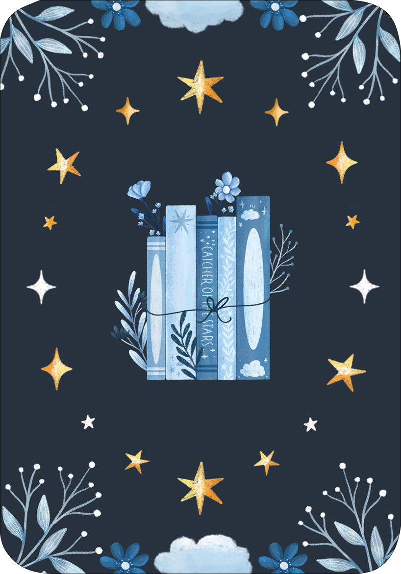 Gezeigt wird eine Innen- oder Zusatzansicht von „Mein kleines Bücherorakel“. Die Illustration zeigt auf einem tiefblauen Hintergrund mehrere stilisierte Bücher in verschiedenen Blautönen, die mit einem Band zusammengebunden sind. Um die Bücher herum sind florale Elemente und funkelnde Sterne in Gold- und Weißtönen angeordnet. Die Typografie ist verspielt und harmoniert mit den sanften Farben der Gestaltung, was eine magische und einladende Atmosphäre schafft.