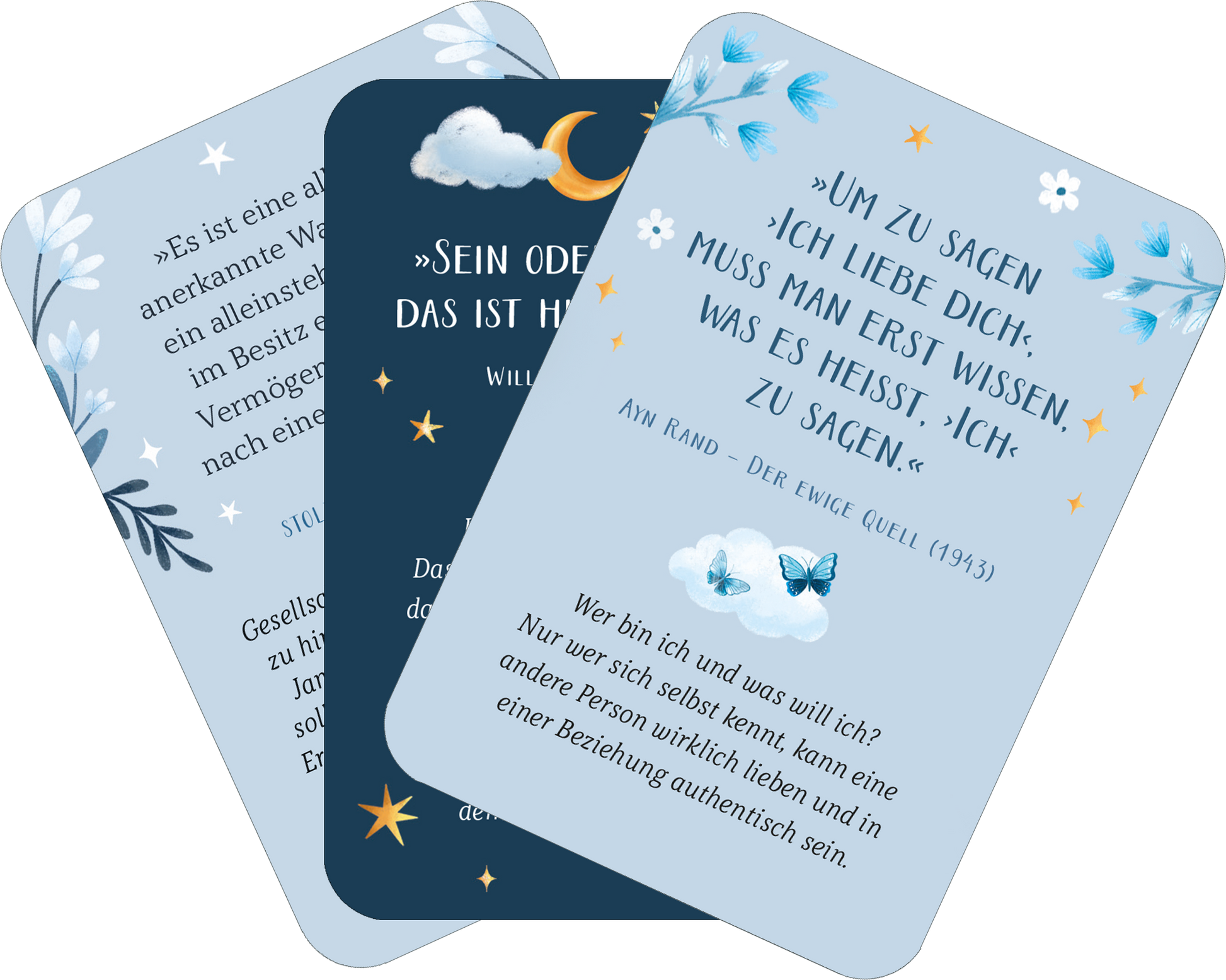 Gezeigt wird eine Innen- oder Zusatzansicht von „Mein kleines Bücherorakel“. Die Ansicht präsentiert drei Karten in sanften Blau- und Grautönen, verziert mit weißen und goldenen Sternen sowie zarten floralen Motiven. Jede Karte enthält ein Zitat, welches in einer eleganten, gut lesbaren Typografie gestaltet ist. Die Texte sind umgeben von illustrativen Elementen wie Wolken und Schmetterlingen, die eine harmonische und inspirierende Atmosphäre schaffen.