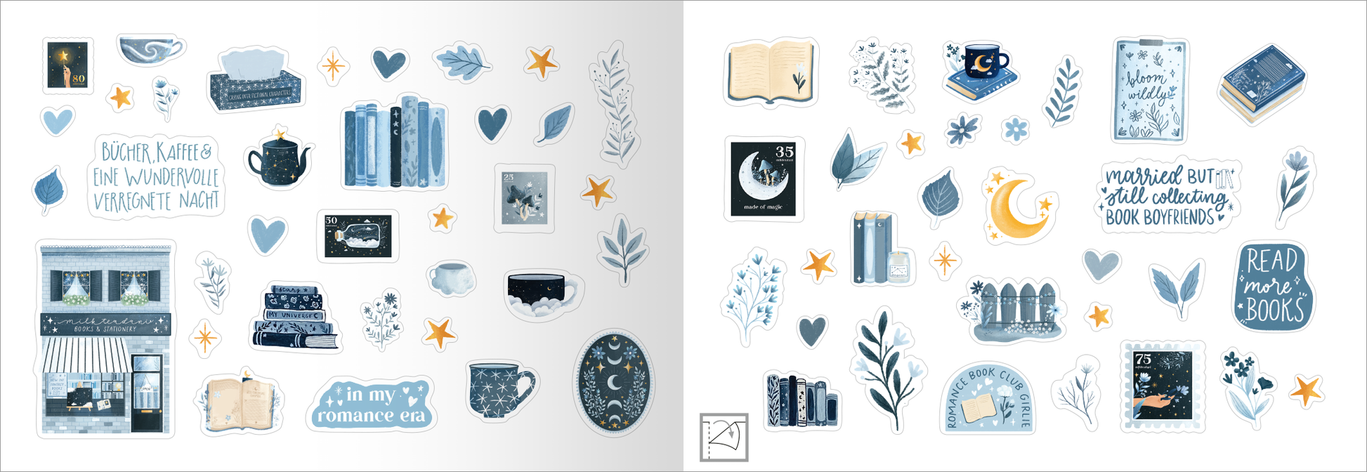 In der Innenseite von „myNOTES Papeterie: Stickern. Lesen. Träumen.“ sind auf einem weißen Hintergrund verschiedene Illustrationen in Blau- und Goldtönen zu sehen. Die Sammlung besteht aus romantischen Stickern wie Bücher, Tassen, Sterne, Herzen und Pflanzen. Einige Sticker tragen motivierende Texte wie „Read more books“ und „in my romance era“. Die Typografie ist verspielt, und die Illustrationen sind detailreich, was eine einladende und träumerische Atmosphäre schafft.