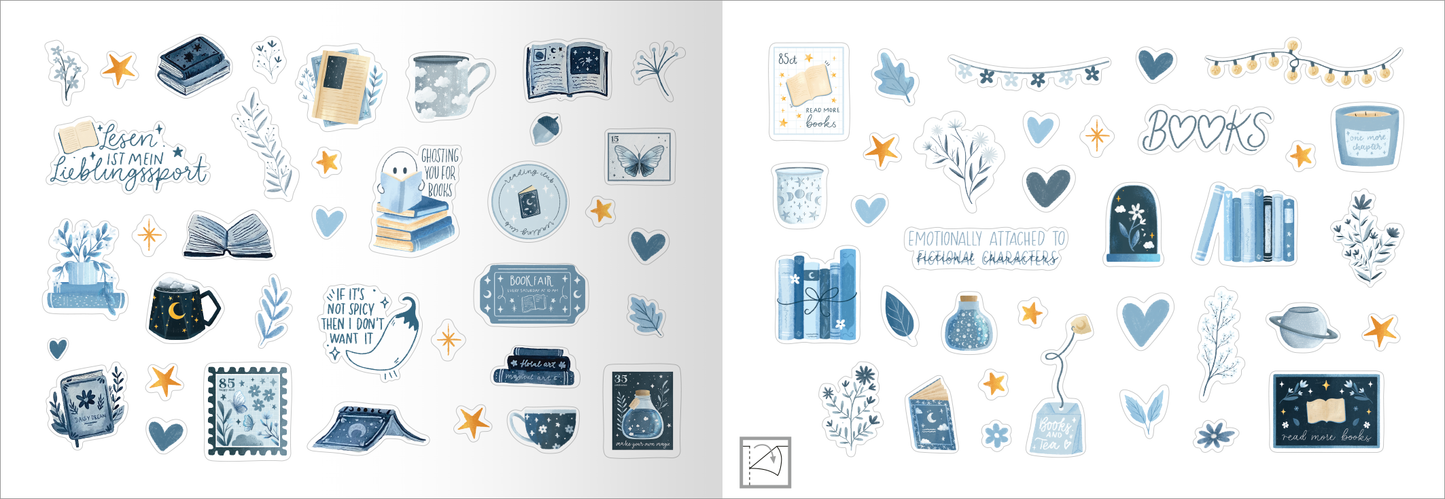 Gezeigt wird eine Innen- oder Zusatzansicht von „myNOTES Papeterie: Stickern. Lesen. Träumen.“. Die Darstellung umfasst verschiedene Illustrationen in sanften Blau- und Gelbtönen. Zu den zentralen Elementen gehören Bücher, Tassen, Sterne und dekorative Pflanzenmotive. Der Text ist in verspielter Schrift gehalten. Die grafischen Elemente sind liebevoll angeordnet und schaffen eine einladende, träumerische Atmosphäre.