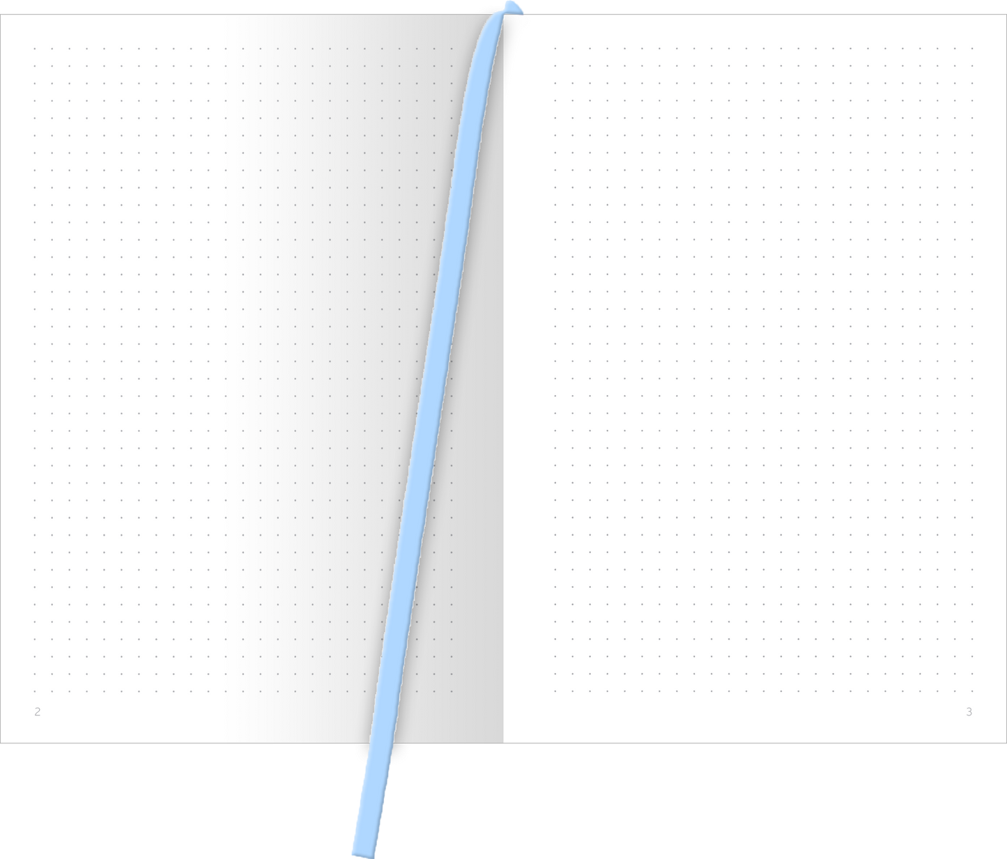 Gezeigt wird eine Innen- oder Zusatzansicht von „myNOTES Papeterie: Notizbuch A5 Book Lover Club“. Die Doppelseite zeigt einen weißen Hintergrund mit dezenten, grauen Punktrastern, die das Schreiben erleichtern. Ein hellblaues Lesezeichenbändchen hebt sich von der weißen Seite ab und sorgt für praktischen Zugriff. Die Typografie ist schlicht und modern, wodurch der Fokus auf dem Notizinhalt liegt, ideal für kreative Köpfe und Leseratten.
