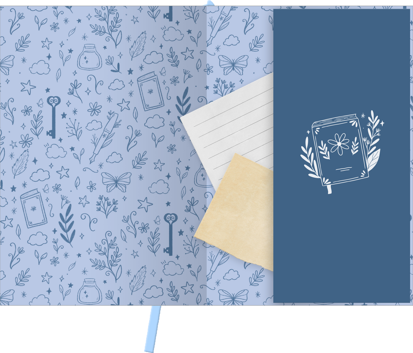 Gezeigt wird eine Innen- oder Zusatzansicht von „myNOTES Papeterie: Notizbuch A5 Book Lover Club“. Der Innenteil präsentiert ein zartes, hellblaues Muster mit filigranen Zeichnungen von Büchern, Schmetterlingen und Pflanzen. Auf der rechten Seite befindet sich eine dunklere, blaue Fläche mit einer stilisierten Darstellung eines Notizbuchs und floralen Akzenten in Weiß. Die Illustration ist modern und ansprechend, was das Gesamtbild harmonisch ergänzt.