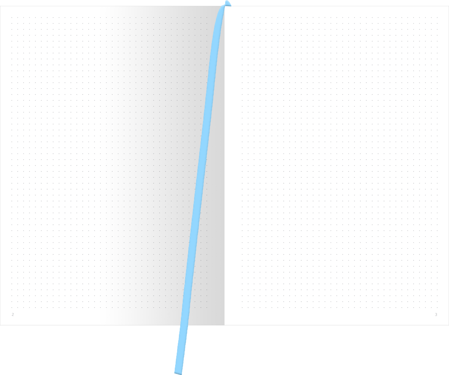 Gezeigt wird eine Innenansicht von „myNOTES Papeterie: Notizbuch A4 Book Nook“. Die doppelseitige Ansicht zeigt ein leeres, quadratisches Raster auf hellem, weißem Papier, ideal zum Notieren. Ein auffallend hellblauer Lesezeichenband ist sichtbar, das elegant zwischen den Seiten platziert ist. Die typografische Gestaltung ist klar und modern, was das Schreiben und Skizzieren erleichtert.