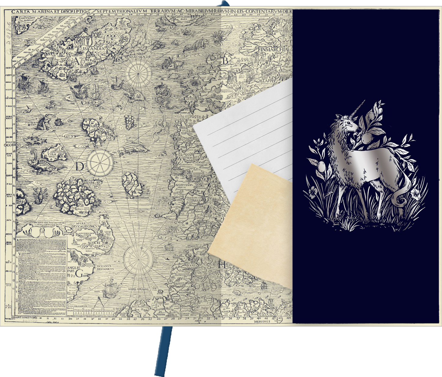 Gezeigt wird eine Innen- oder Zusatzansicht von „myNOTES Papeterie: Notizbuch A5 Fabelwesen“. Auf der linken Seite ist eine detailreiche, antik anmutende Karte in Schwarz und Creme zu sehen, während die rechte Seite tiefblau ist. Dort prangt eine stilisierte Abbildung eines Fabelwesens, umgeben von zarten Pflanzen. Ein A4-Papier mit Linien und ein dunkles, unbeschriftetes Blatt sind ebenfalls sichtbar, die zum persönlichen Notieren einladen. Die Typografie ist klar und modern.