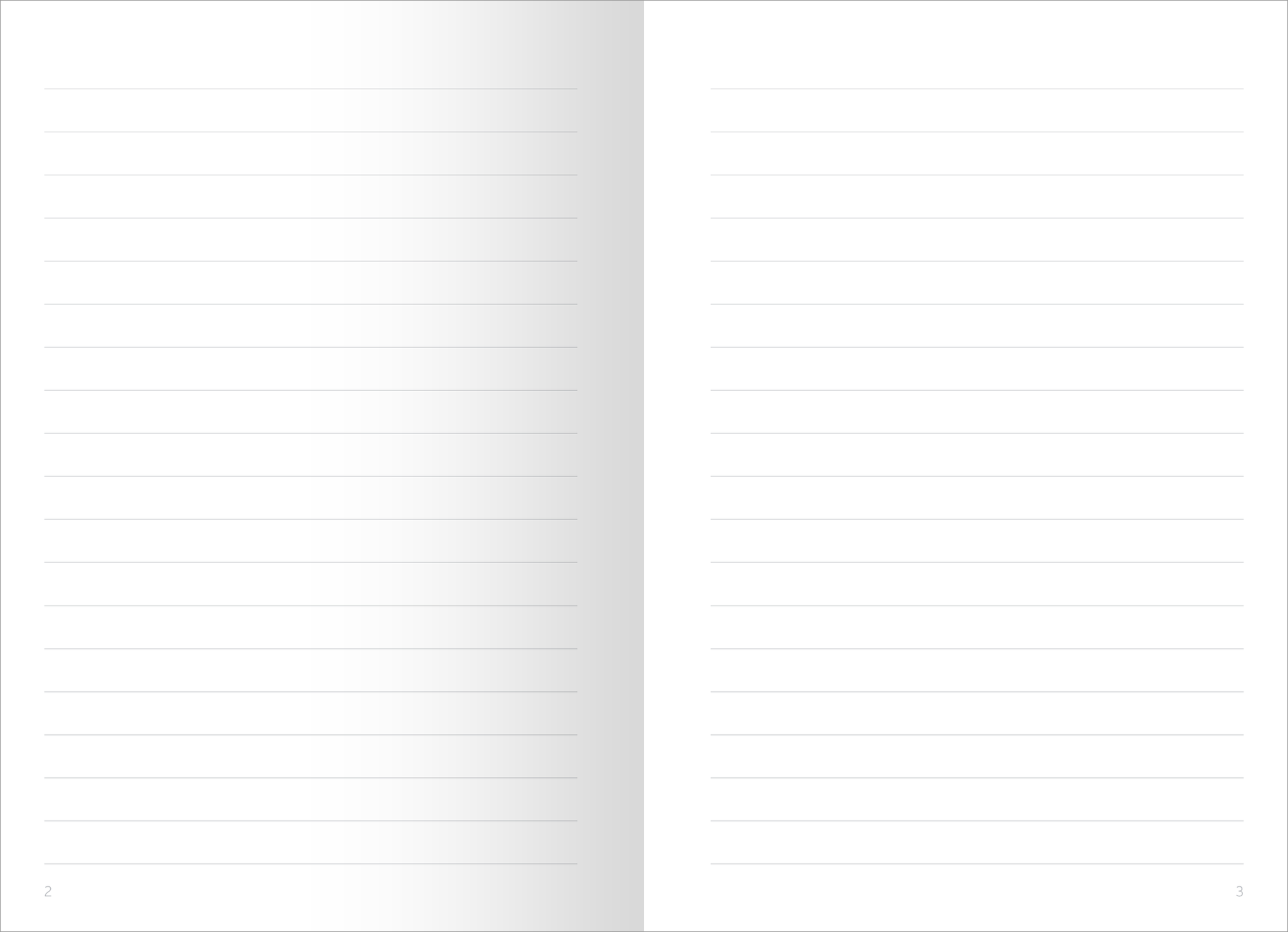 Gezeigt wird eine Innen- oder Zusatzansicht von „myNOTES Papeterie: Notizheft Fliegende Bücher“. Die Doppelseite zeigt zwei leere, weiße Seiten, die mit feinen, gleichmäßig verteilten, horizontalen Linien in sanften Grautönen gestaltet sind. Die linierten Bereiche bieten Platz für Notizen und sind in einem klaren, leserlichen Format angeordnet. Der Hintergrund ist hell und unbeschrieben, was den Fokus auf die Notizen lenkt.