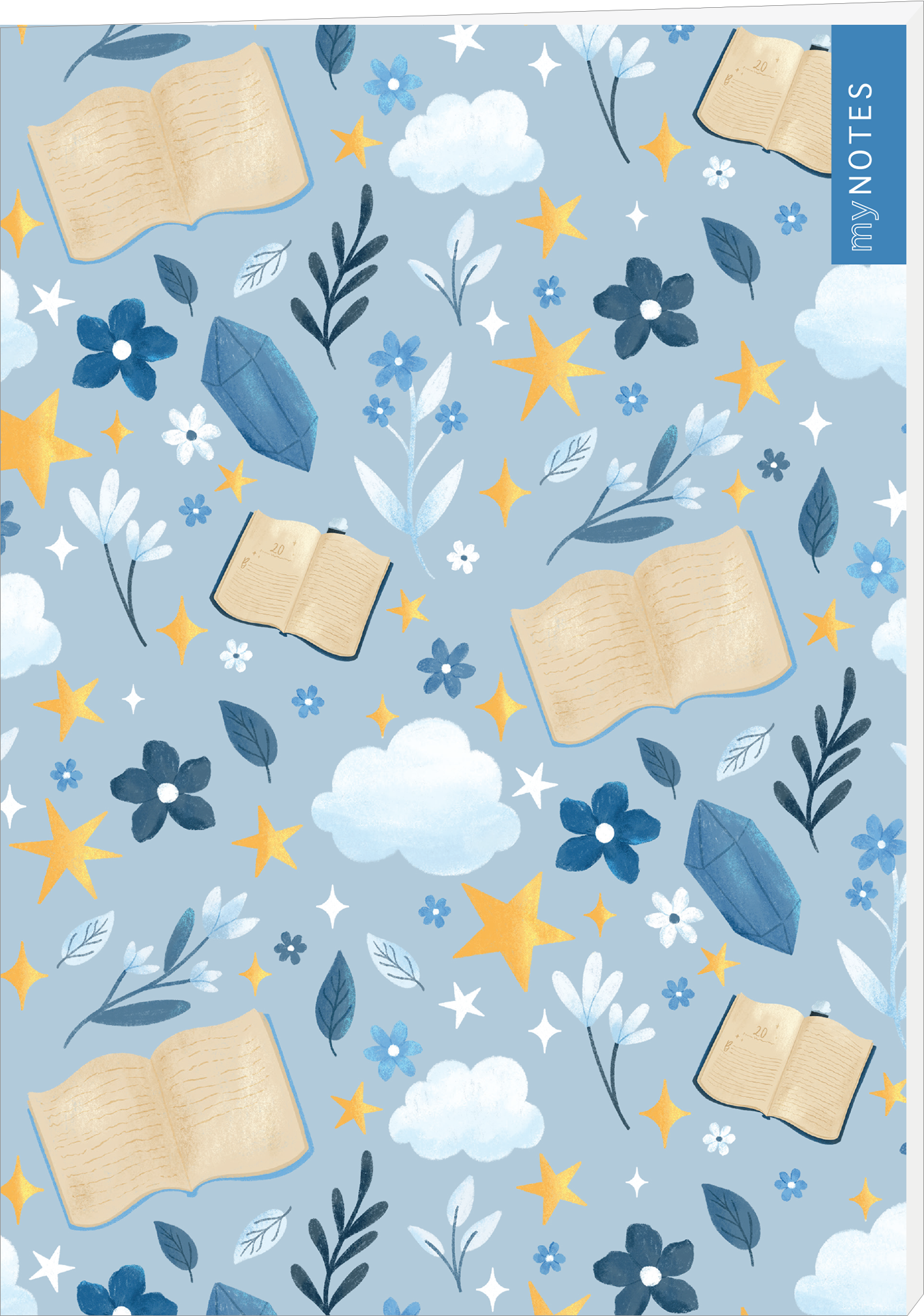 Das Buchcover zeigt ein hellblaues Hintergrundmuster mit offenen Büchern, bunten Blumen und gelben Sternen. Verspielt ineinander verwobene Pflanzen und Wolken ergänzen das Design. Die Farbpalette wirkt leicht und freundlich, wobei Blau- und Gelbtöne dominieren. Auf der rechten oberen Ecke befindet sich der Schriftzug „myNOTES“ in einer schlichten, modernen Schrift.