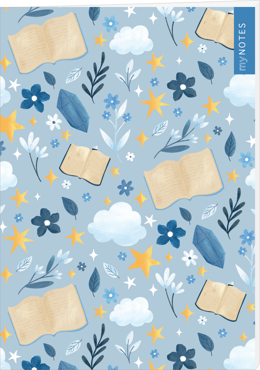 Das Buchcover zeigt ein hellblaues Hintergrundmuster mit offenen Büchern, bunten Blumen und gelben Sternen. Verspielt ineinander verwobene Pflanzen und Wolken ergänzen das Design. Die Farbpalette wirkt leicht und freundlich, wobei Blau- und Gelbtöne dominieren. Auf der rechten oberen Ecke befindet sich der Schriftzug „myNOTES“ in einer schlichten, modernen Schrift.