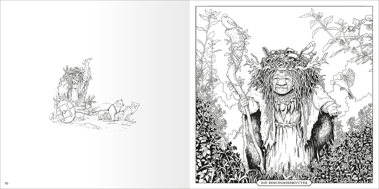 Gezeigt wird eine Innen- oder Zusatzansicht von „Das große Fabelwesen-Malbuch“. Die rechte Seite zeigt die detaillierte Illustration einer alten, naturverbundenen Frau, die von Pflanzen und Tieren umgeben ist. Auch auf der linken Seite ist eine Illustration von ihr zu sehen. Die Zeichnungen sind in Schwarz-Weiß gehalten, mit feinen Linien und einem klaren, verspielten Typografie-Stil für den Titel „Die Buschgroßmutter“ am unteren Rand.