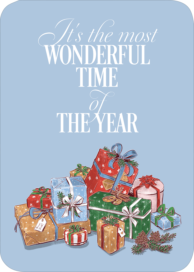 Gezeigt wird eine Innen- oder Zusatzansicht von „Oh, du schöne Weihnachtszeit“. Die Darstellung zeigt eine Ansammlung von liebevoll verpackten Geschenken in verschiedenen Farben, darunter Rot, Blau und Gold. Auf einem hellblauen Hintergrund steht in eleganter, verspielter Schrift „It's the most WONDERFUL TIME of THE YEAR“. Die typografischen Elemente sind prominent und festlich, während die Geschenke mit Schleifen und Weihnachtsmotiven verziert sind.