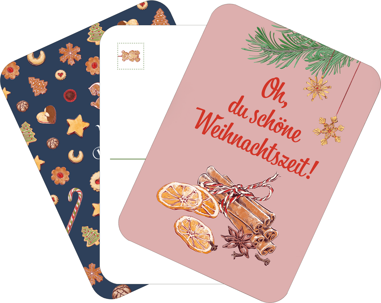Gezeigt wird eine Innen- oder Zusatzansicht von „Oh, du schöne Weihnachtszeit“. Die Ansicht präsentiert drei Karten, eine mit einem sanft rosafarbenen Hintergrund, geschmückt mit einer Illustration von Zimtstangen, getrockneten Orangenscheiben und Sternanis, die mit einem roten Band gebunden sind. Oberhalb ist in fetter, roter Schrift ein Spruch platziert. Eine Karte links ist Dunkelblau mit verschiedenen Weihnachtsmotiven, wie Plätzchen und Sterne, in warmen Farbnuancen.
