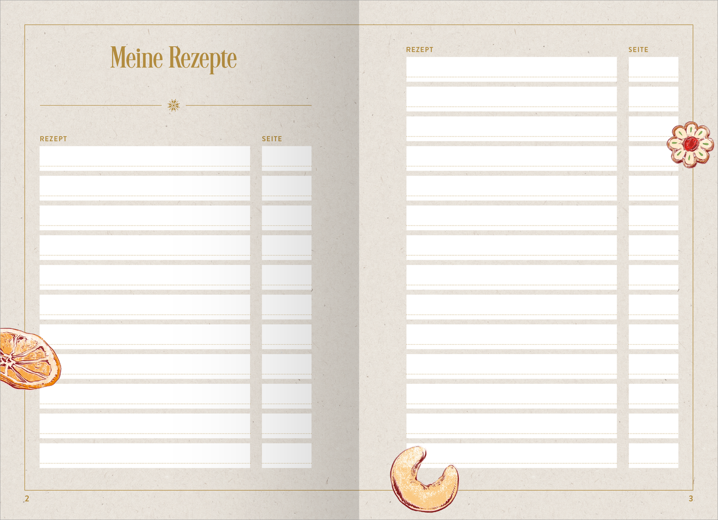 Gezeigt wird eine Innenansicht von „myNOTES Papeterie: Notizbuch A5 Meine Lieblingsrezepte“. Die Seiten sind in einem hellen, natürlichen Farbton gehalten mit handgeschriebenen Elementen. Oben befindet sich der Titel „Meine Rezepte“ in einer eleganten, goldenen Schrift. Die Seiten sind in strukturierte Felder unterteilt, mit Platz für Rezepte und Seitenzahlen. Dekorative Illustrationen von getrockneten Früchten ergänzen das Design und verleihen eine freundliche, einladende...