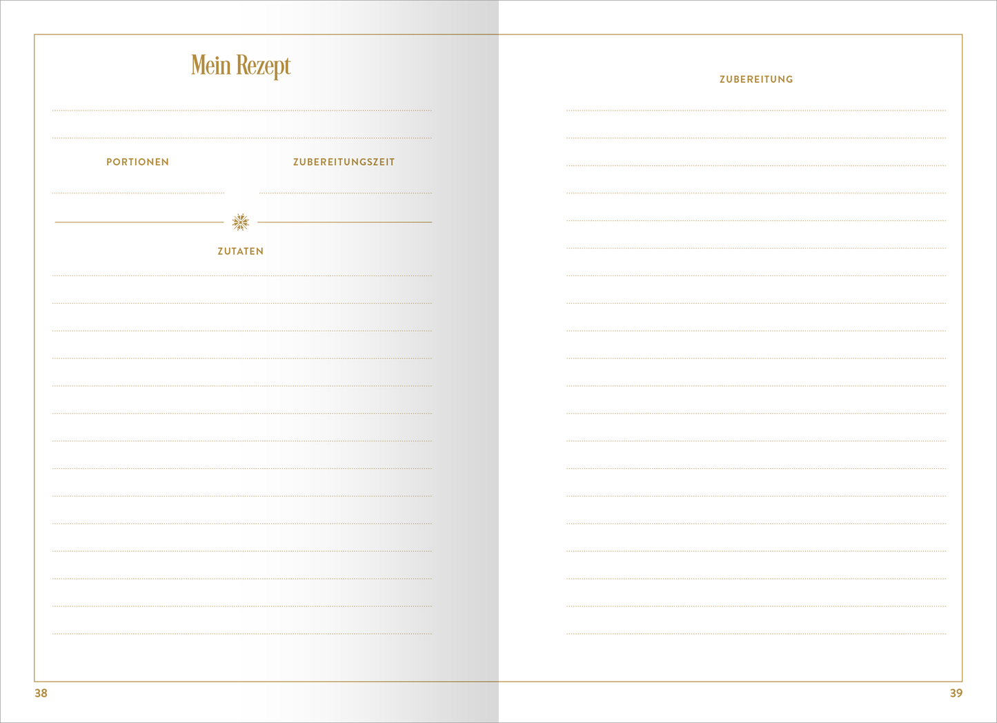 Gezeigt wird eine Innenansicht von „myNOTES Papeterie: Notizbuch A5 Meine Lieblingsrezepte“. Die Doppelseite ist in sanften, hellen Farben gehalten und bietet ausreichend Platz für handschriftliche Notizen. Der Titel „Mein Rezept“ ist elegant in einer goldenen Schriftart oben platziert. Unterteilt in die Abschnitte „Portionen“, „Zubereitungszeit“ und „Zutaten“ auf der linken Seite, während die rechte Seite für die „Zubereitung“ vorgesehen ist. Linienführungen...