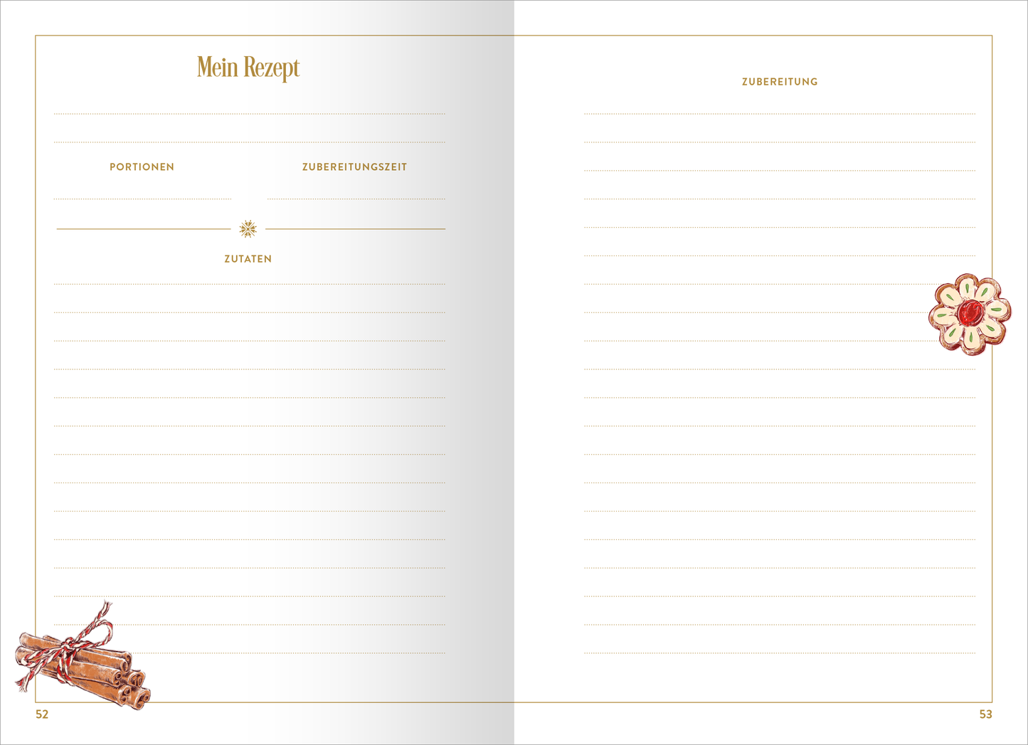 Gezeigt wird eine Innen- oder Zusatzansicht von „myNOTES Papeterie: Notizbuch A5 Meine Lieblingsrezepte“. Die Doppelseite beinhaltet einen klar strukturierten Rezeptbereich mit der Überschrift „Mein Rezept“ in goldenem Schriftzug. Links sind die Felder für Portionen, Zubereitungszeit und Zutaten in leicht lesbarer schwarzer Schrift platziert. Die rechte Seite ist für die Zubereitung gedacht und durch Linien zur besseren Gliederung komfortabel lesbar. Dezente Illustrationen, wie...