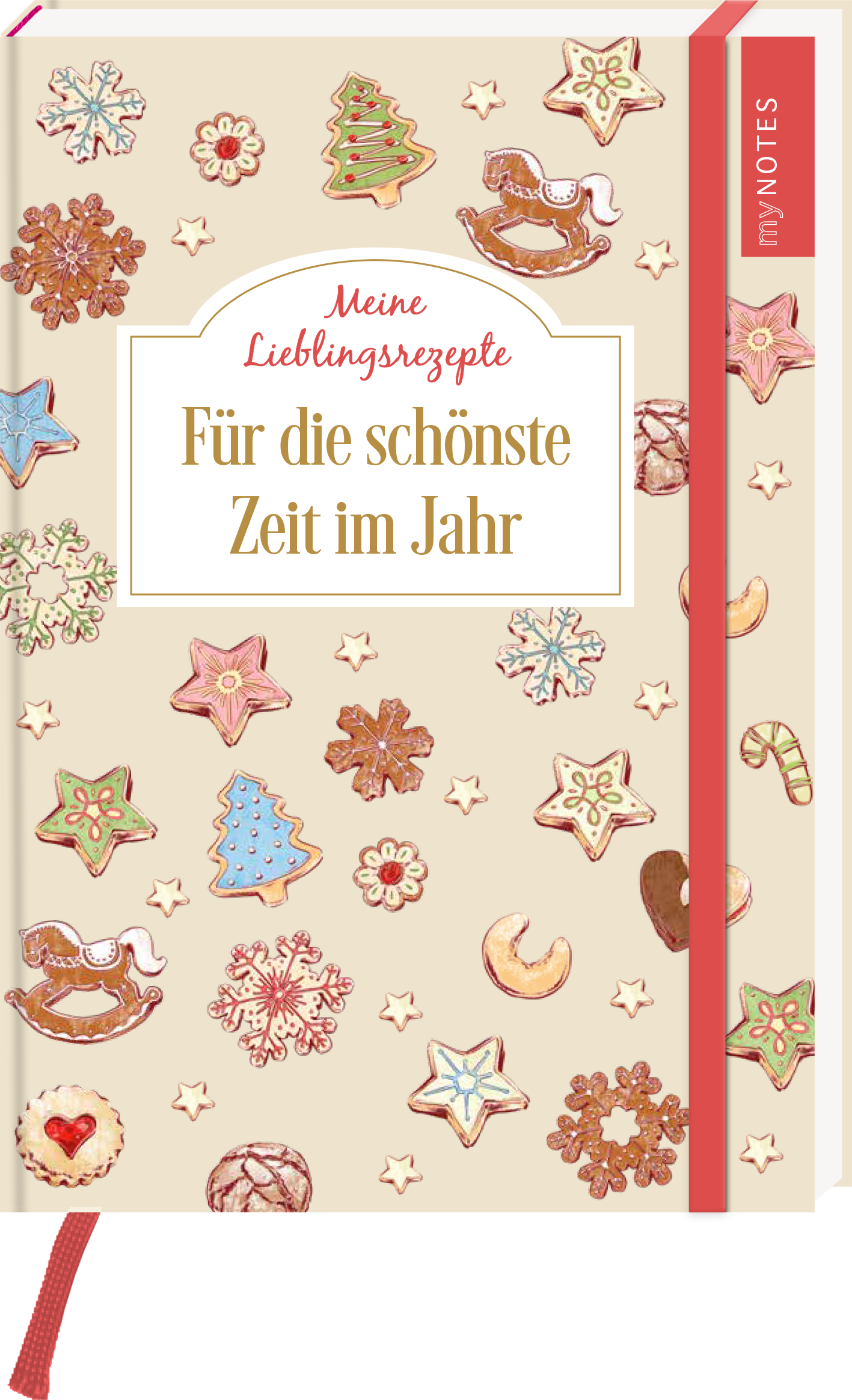 Das Buchcover zeigt einen sanften, cremefarbenen Hintergrund, dekoriert mit bunten, weihnachtlichen Motiven wie Plätzchen, Weihnachtsbäumen, Sternen und Zuckerstangen. In der Mitte steht in eleganter, goldener Schrift der Titel „Für die schönste Zeit im Jahr“ mit dem Zusatz „Meine Lieblingsrezepte“ darüber. Ein roter Lesezeichen-Band ragt hervor. Ganz unten mittig steht der Logoschriftzug von arsEdition.