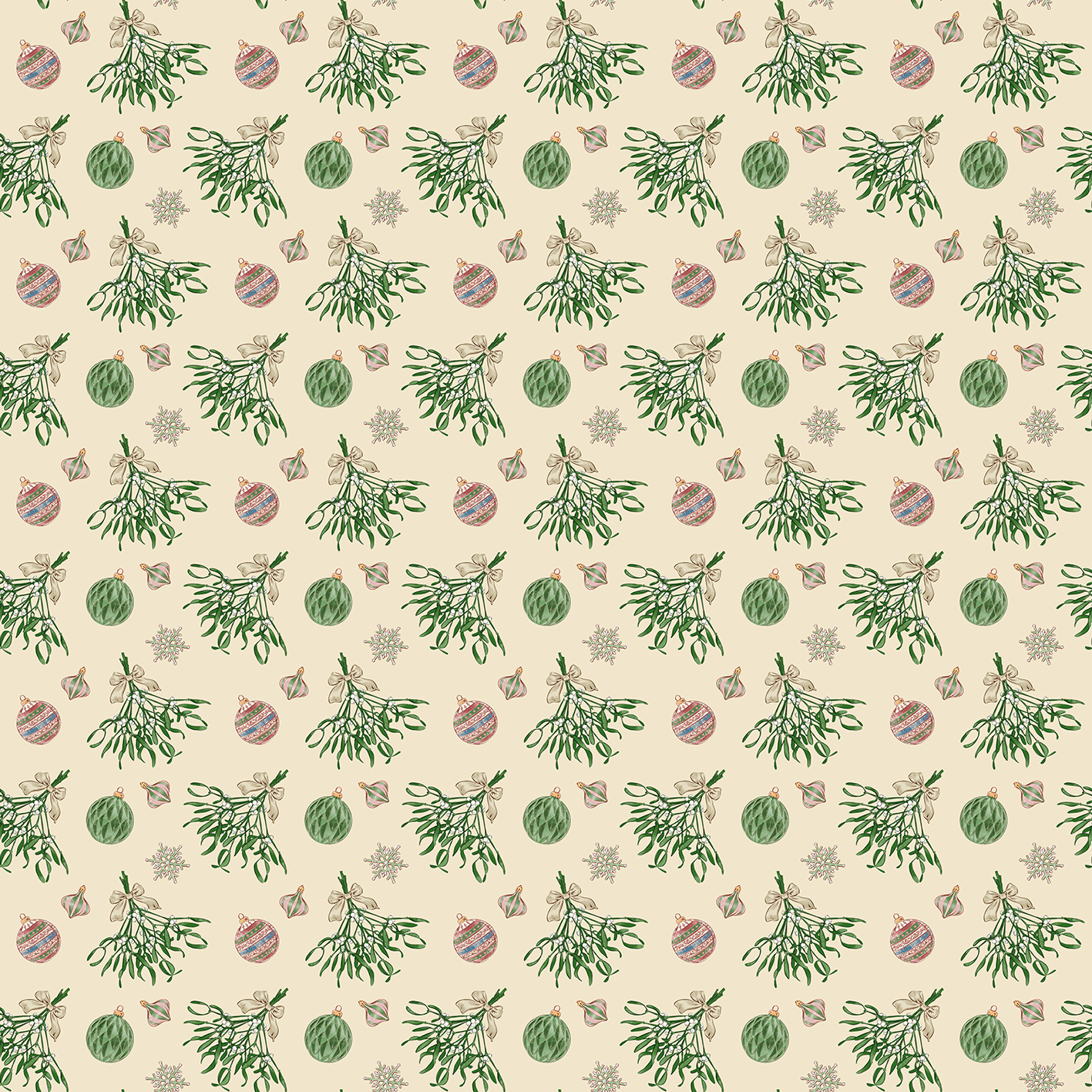 Gezeigt wird eine Innen- oder Zusatzansicht von „Geschenkpapier Zauberhafte Weihnachtszeit“. Das Design besteht aus einem sanften beigefarbenen Hintergrund, auf dem grüne Mistelzweige, farbige Weihnachtskugeln in Rot, Blau und Grün sowie kleine, stilisierte Schneeflocken verteilt sind. Die Illustration vermittelt eine festliche Stimmung. Die Typografie ist verspielt und harmoniert mit dem weihnachtlichen Thema, wodurch das Geschenkpapier optisch ansprechend und einladend wirkt.