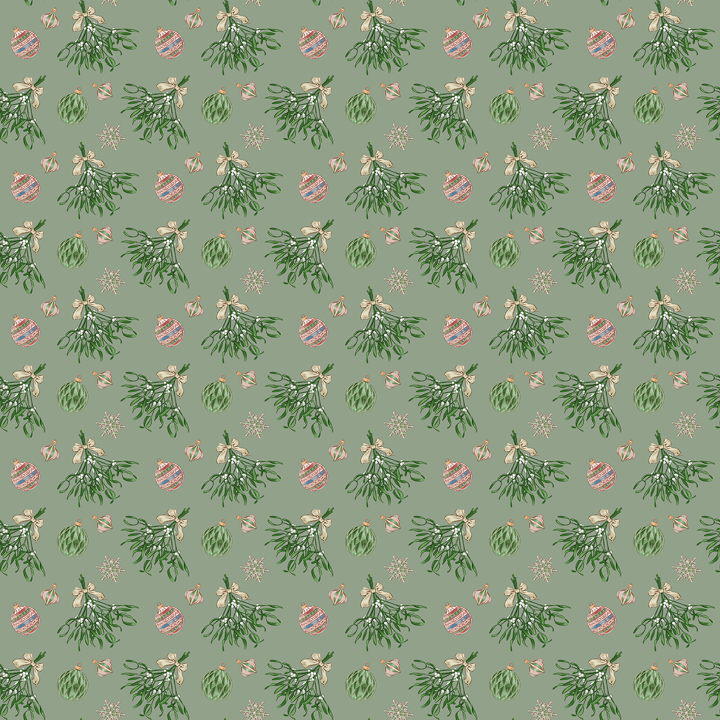 Gezeigt wird eine Innen- oder Zusatzansicht von „Geschenkpapier Zauberhafte Weihnachtszeit“. Das Design präsentiert einen sanften, leicht grünlichen Hintergrund, auf dem mehrfarbige Weihnachtsmotive in Form von Mistelzweigen, glänzenden Weihnachtskugeln und dezenten Sternen verteilt sind. Die Farben variieren von Grün über Rot bis Gold, und die Typografie ist verspielt und fröhlich, was eine festliche Atmosphäre unterstreicht.