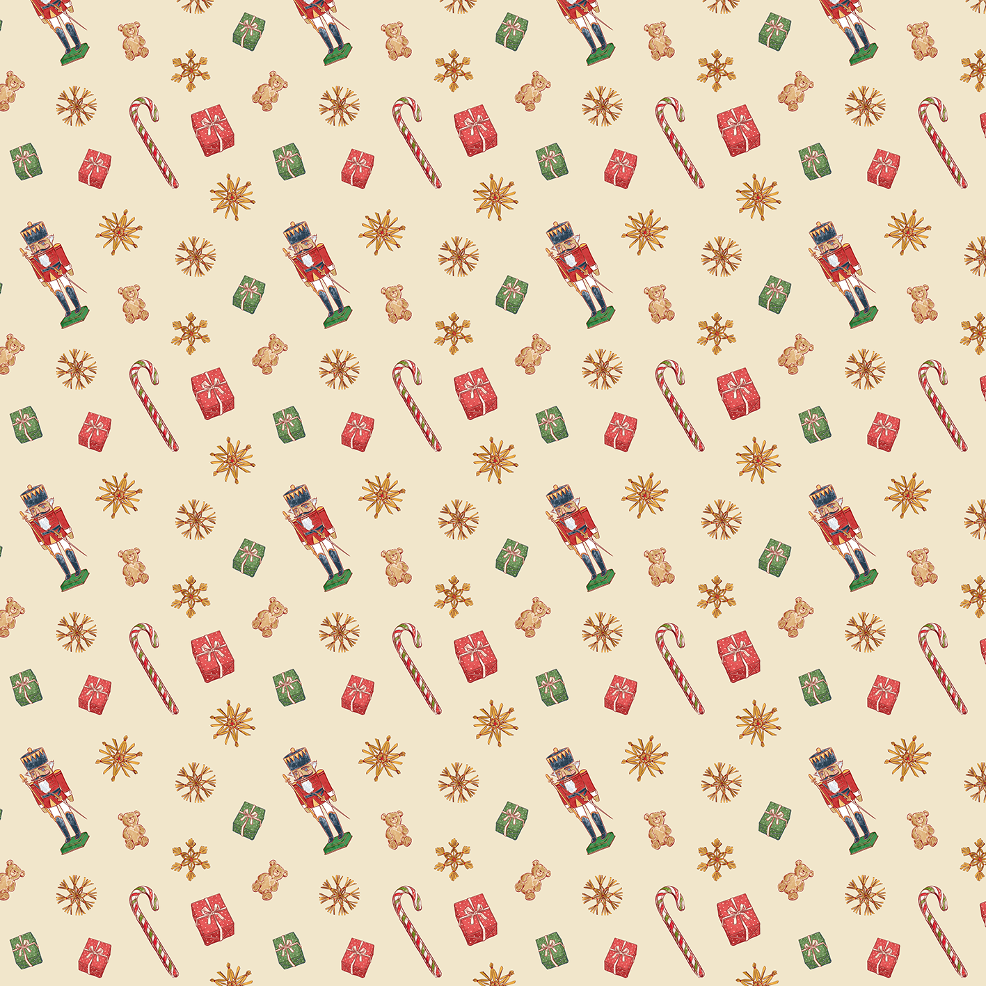 Gezeigt wird eine Innen- oder Zusatzansicht von „Geschenkpapier Zauberhafte Weihnachtszeit“. Das Papier zeigt ein festliches, wechselndes Muster mit winterlichen Motiven. Darunter sind Nussknacker, Zuckerstangen, Geschenke in Rot und Grün sowie Weihnachtssterne und Lebkuchen abgebildet. Der Hintergrund ist in sanftem Beige gehalten. Die Darstellung ist verspielt und weihnachtlich, was eine fröhliche Atmosphäre vermittelt.