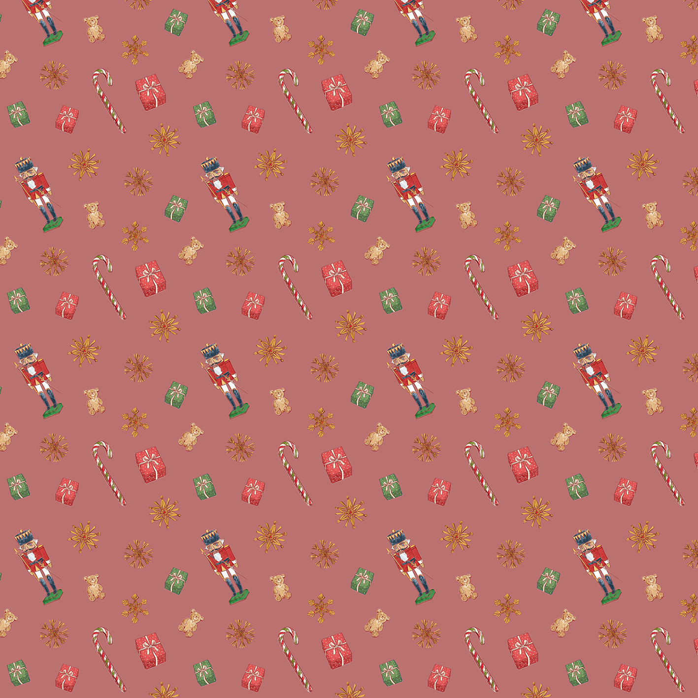 Gezeigt wird eine Innen- oder Zusatzansicht von „Geschenkpapier Zauberhafte Weihnachtszeit“. Der Hintergrund ist in einem sanften Rosaton gehalten. Darauf sind bunte, festliche Motive verteilt, darunter Weihnachtsnussknacker in rot und blau, Geschenkschachteln in rot und grün sowie Zuckerstangen. Die Elemente sind spielerisch angeordnet und verleihen der Gesamtkomposition eine fröhliche, vorweihnachtliche Atmosphäre. Die Typografie ist verspielt, wenn vorhanden, und passt zum fröhlichen...