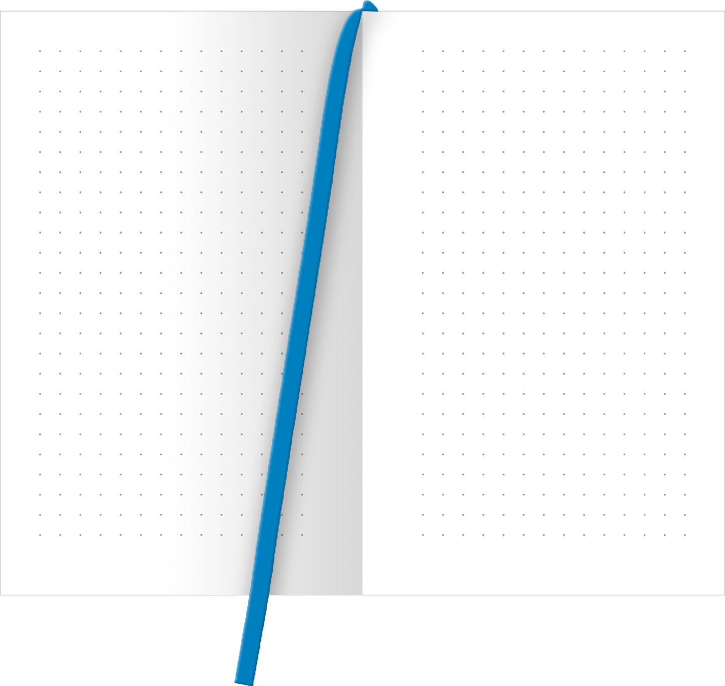Gezeigt wird eine Innen- oder Zusatzansicht von „myNOTES Papeterie: Notizbuch A6 NOTIZEN - COLOR POP“. Die doppelten, punktierten Seiten sind hell und ermöglichen eine klare Struktur für Notizen. Ein kräftiges, blaues Lesezeichen steht hervor und ergänzt den minimalistischen Look. Die Punkte sind gleichmäßig verteilt und fördern eine übersichtliche Nutzung. Die Farben sind frisch und ansprechend, ideal für kreative Ideen und Organisation.
