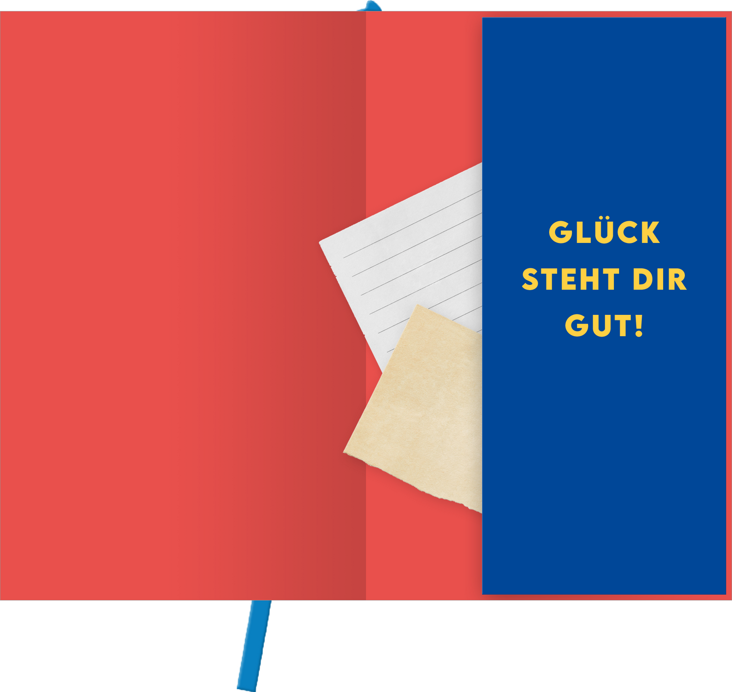 Gezeigt wird eine Innen- oder Zusatzansicht von „myNOTES Papeterie: Notizbuch A6 NOTIZEN - COLOR POP“. Die Innenseite des Notizbuchs ist rot und bietet einen fröhlichen Kontrast zu einer blauen Klappe, auf der in goldener Schrift der Spruch „GLÜCK STEHT DIR GUT!“ zu lesen ist. Eingefügt sind mehrere liniierte Blätter sowie ein unregelmäßiges, beige Zettelchen, das vielseitig genutzt werden kann. Ein blauer Lesezeichenband rundet das ansprechende Design ab.